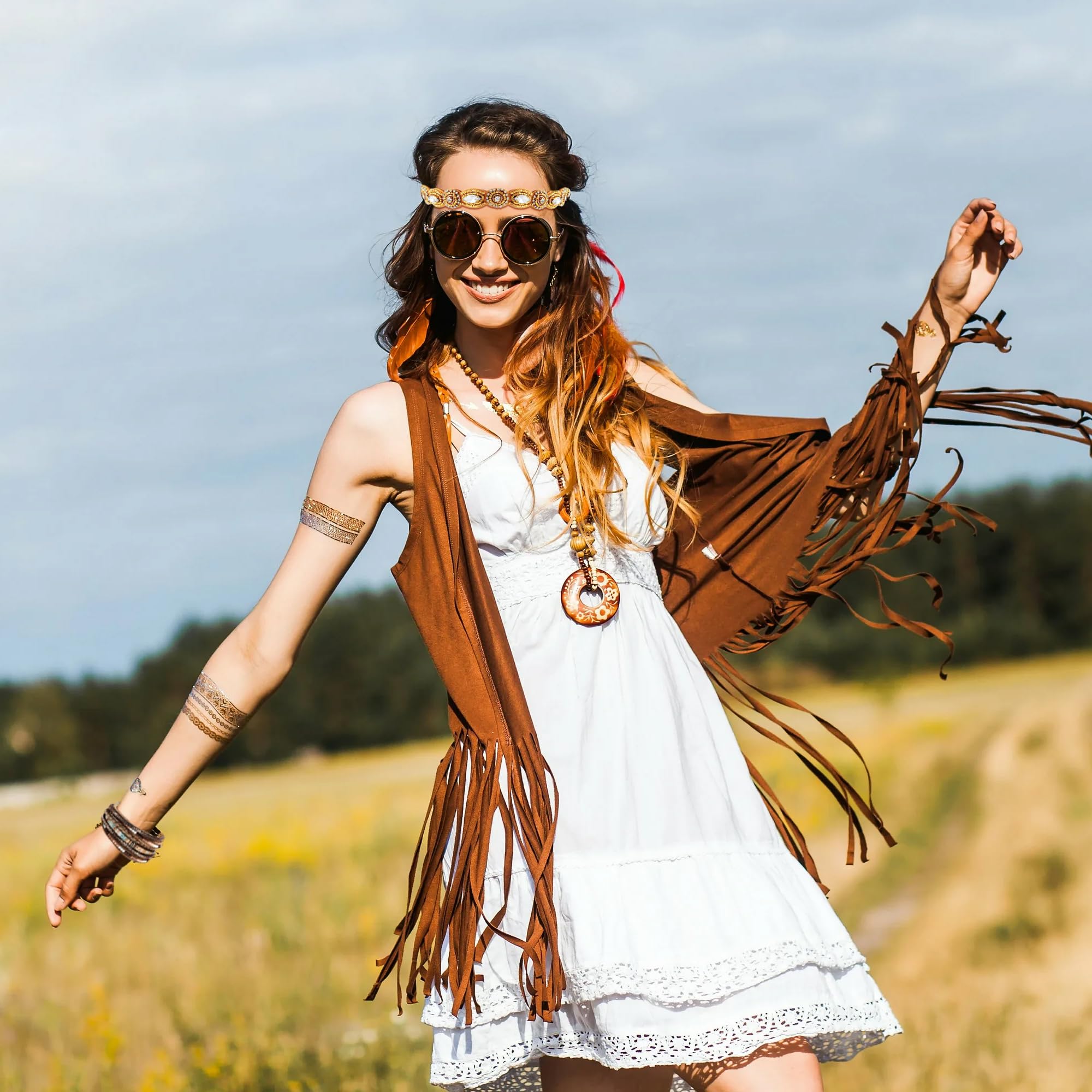 FEYIR 60s 70s Outfit for Women Hippy Accessories Fringe Hippie Vest Clothes for Halloween Disco Party Hippie Costume Set