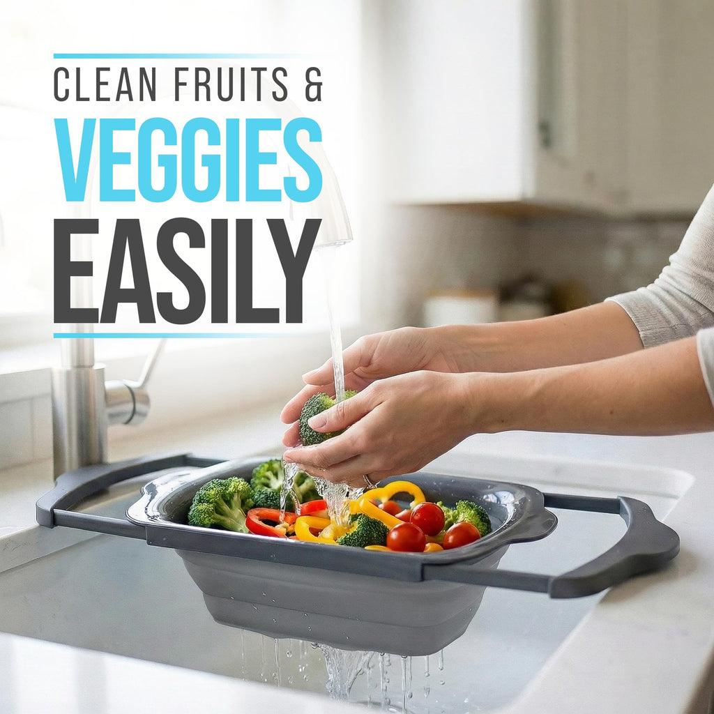 Comfify Over-the-Sink Colander with Handles – Sleek Plastic Black Kitchen Strainer for Pasta, Vegetables & Fruits – Space-Saving Design – 17.1 x 10.2 x 1.75 Inches