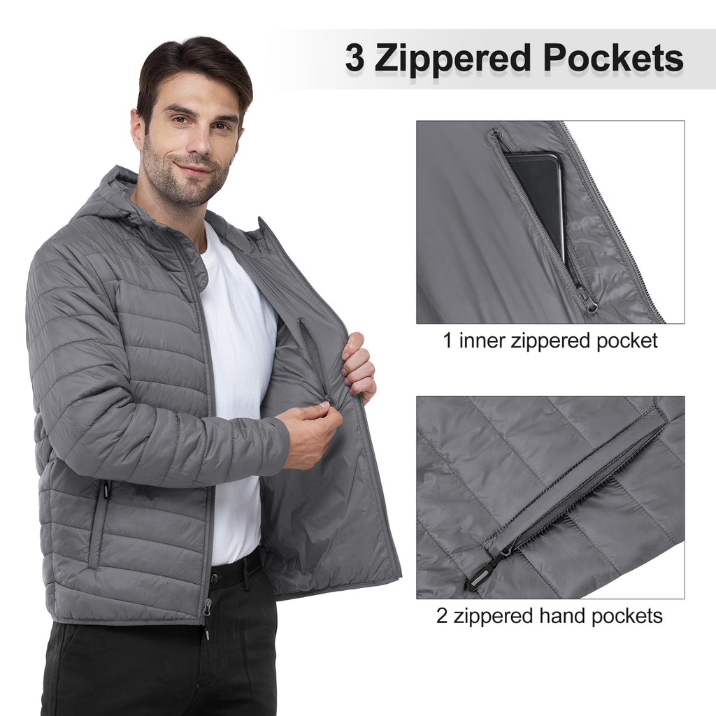 Outdoor Ventures Men's Lightweight Packable Hooded Puffer Jacket Insulated Winter Coat for Snow Ski Traveling