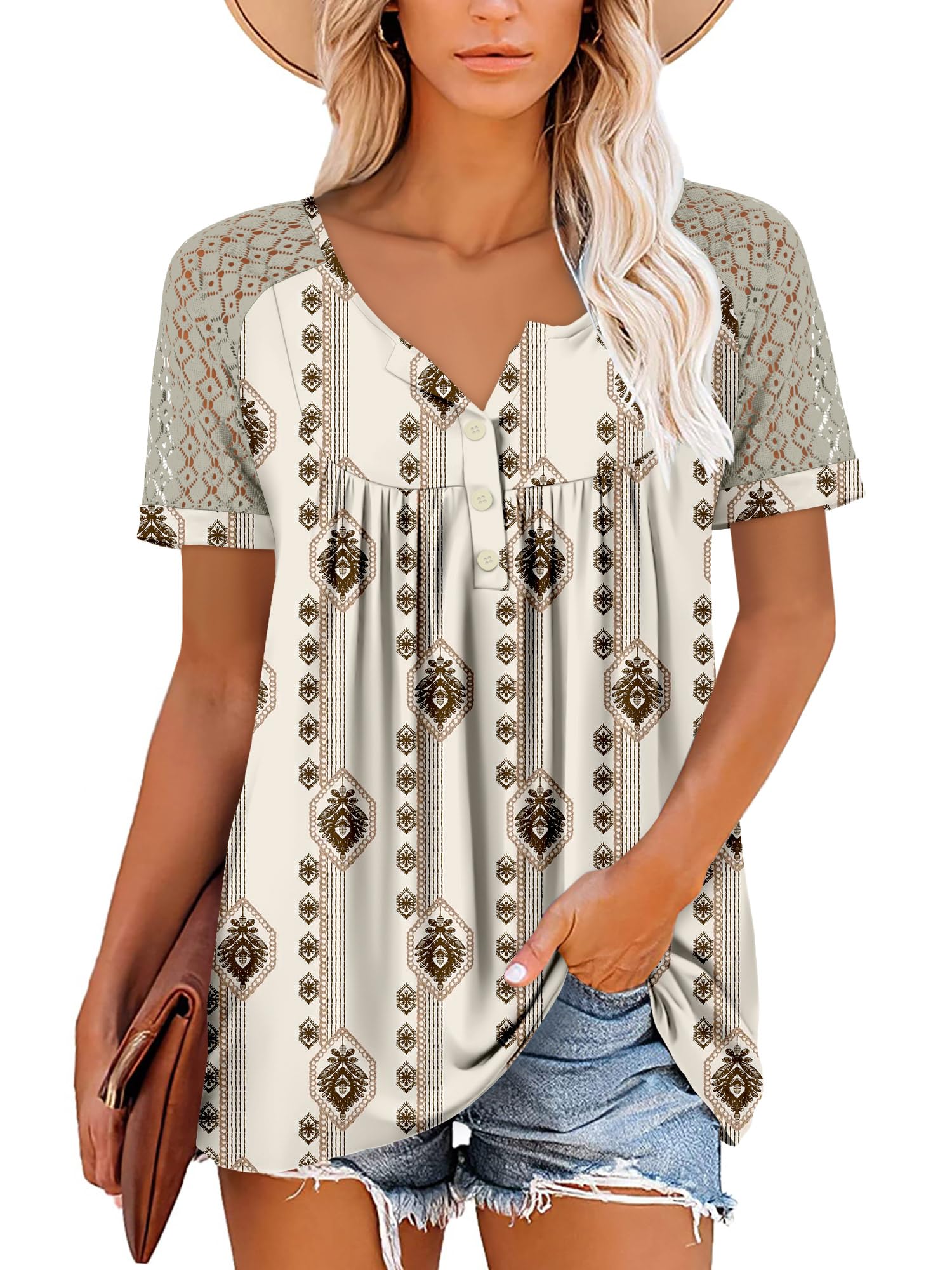 Mystry Zone Womens Henley V Neck Casual Blouse Button Down T Shirts Flare and Flowy Tops