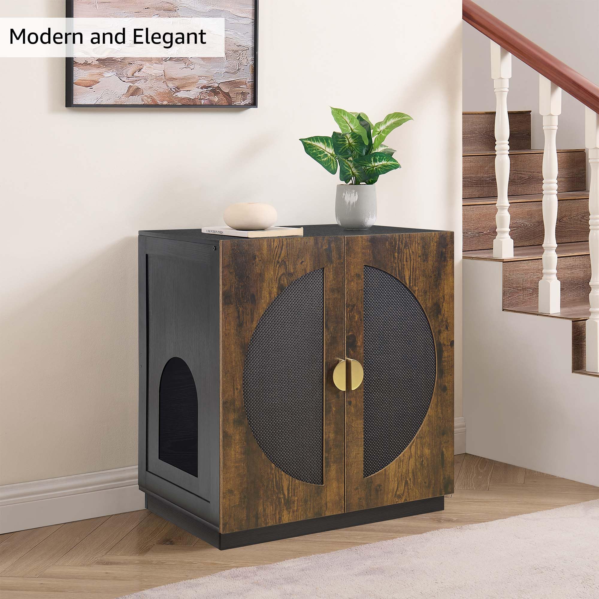 unipaws Extra Large Cat Litter Box Enclosure for Self-Cleaning & Automatic Litter Boxes, Tall Cabinet with Charging Station, Wooden Dog Proof Hidden Cat House for Top Entry Litter Box