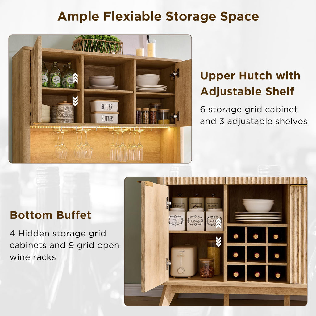 OKD 72" Tall Fluted Coffee Bar Cabinet with Ample Storage, Modern Buffet Sideboard with Glass Holder/Wine Rack/Led Lights/Charging Station, Wine Cabinet for Kitchen, Dining Room, Home Bar, Dark Walnut