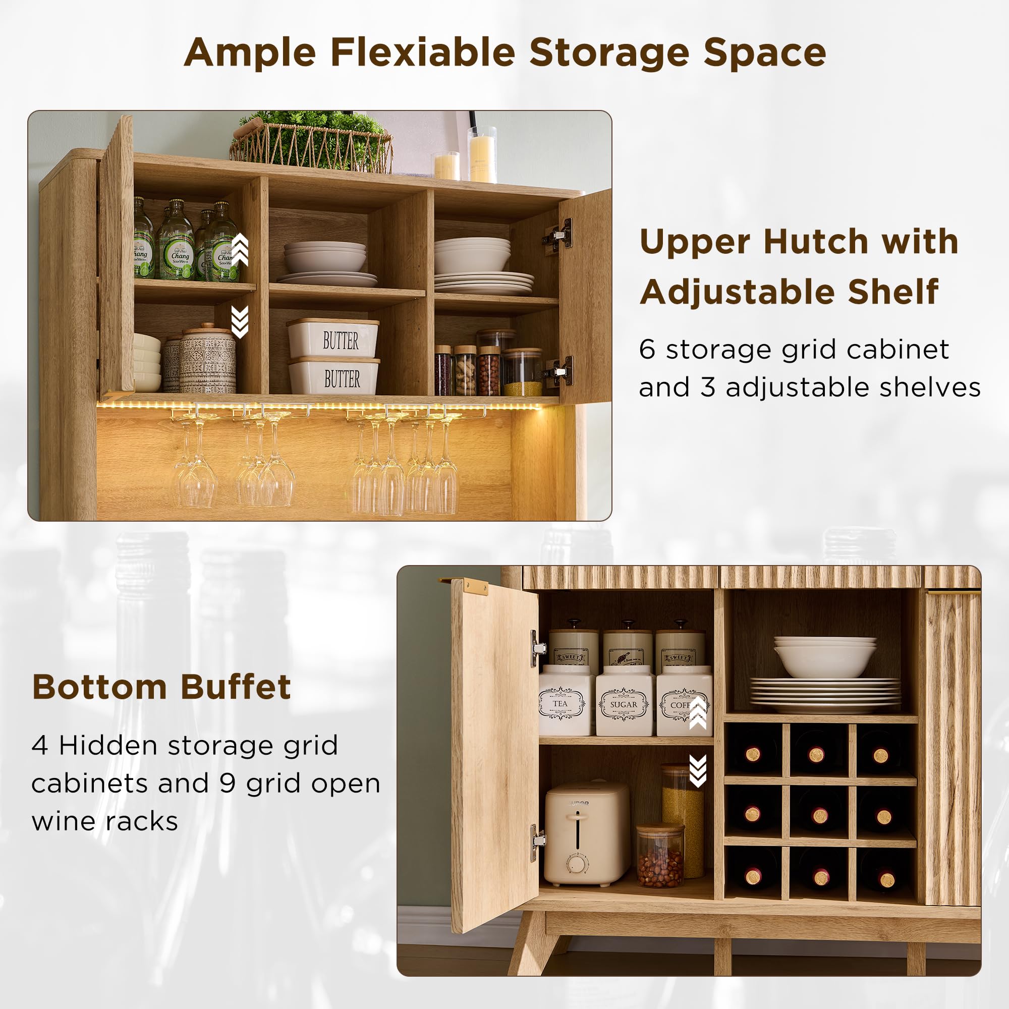 OKD 72" Tall Fluted Coffee Bar Cabinet with Ample Storage, Modern Buffet Sideboard with Glass Holder/Wine Rack/Led Lights/Charging Station, Wine Cabinet for Kitchen, Dining Room, Home Bar, Dark Walnut