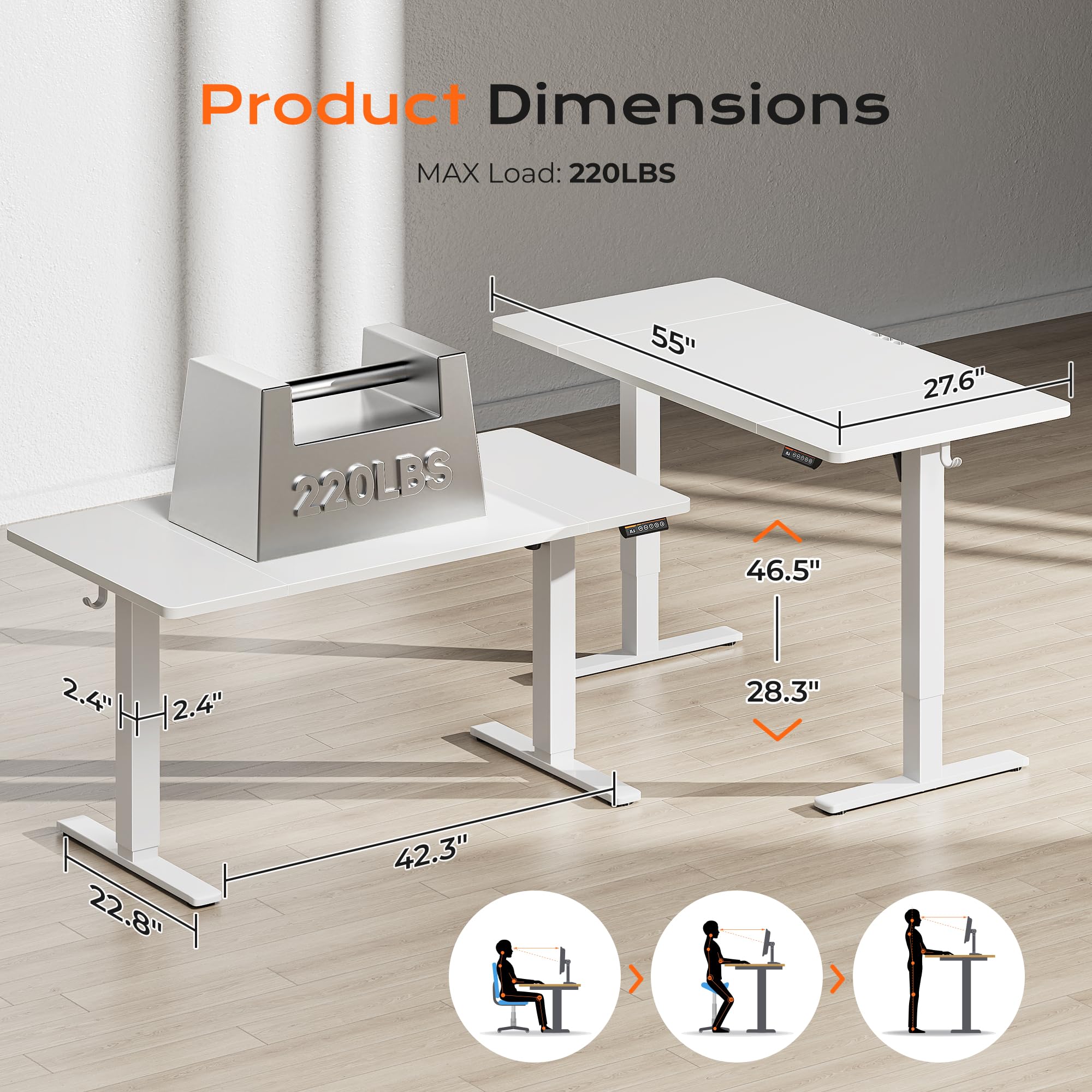 Huuger 48 x 28 Large Electric Standing Desk, Height Adjustable Desk, 27.6" Deep Desktop, Stand up Gaming, 2 Hooks, 3 Preset Heights, for Home Office, Black
