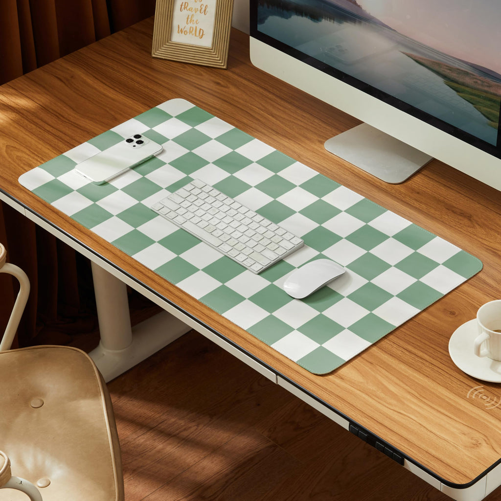 Ohocut Checkered Desk Mat, Large Cute Aesthetic Retro PU Leather Computer Laptop Desk Mat, Non-Slip Waterproof Mouse Keyboard Pad, Desk Writing Mat for Work/Home (Beige, 23.6" x 13.7")