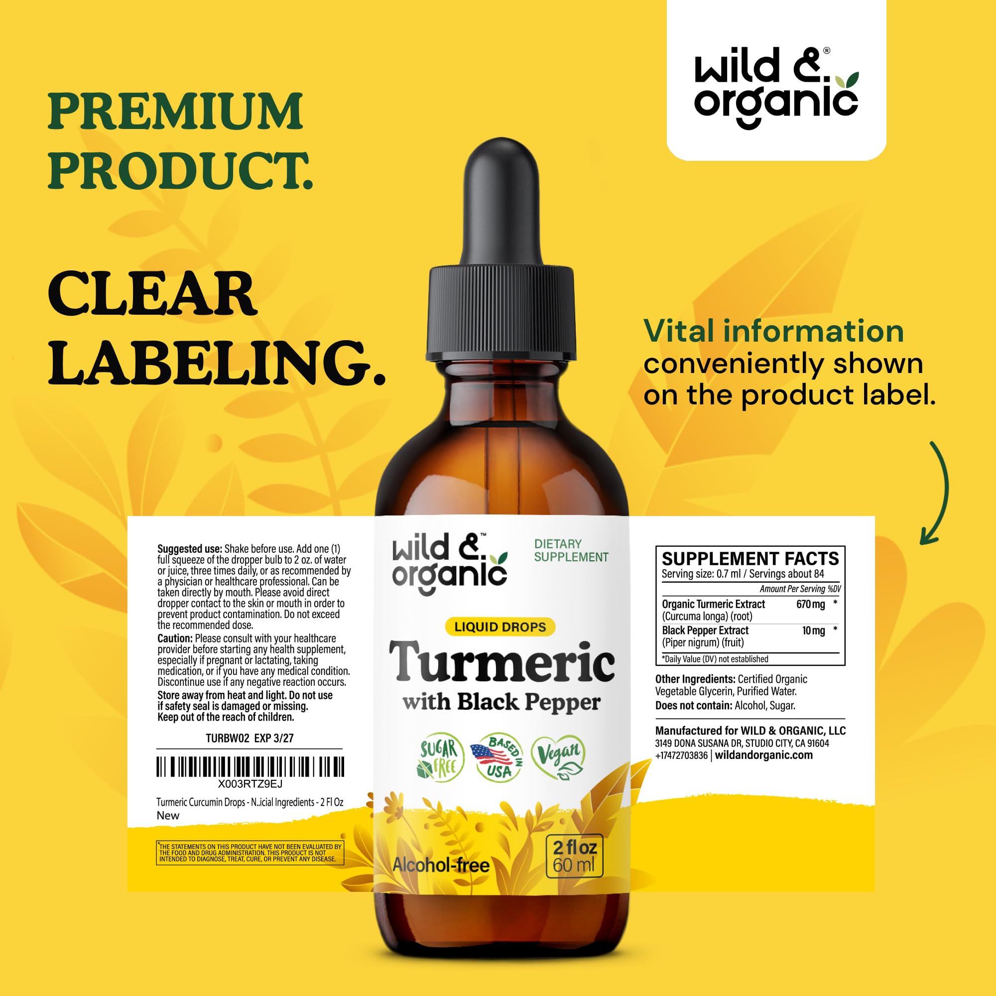 Wild & Organic Turmeric Curcumin Supplement with Black Pepper - Movement & Immune Support - Liquid Turmeric Curcumin with Black Pepper - Add to Tea Drops - Vegan, Sugar & Alcohol-Free Tincture - 2 oz