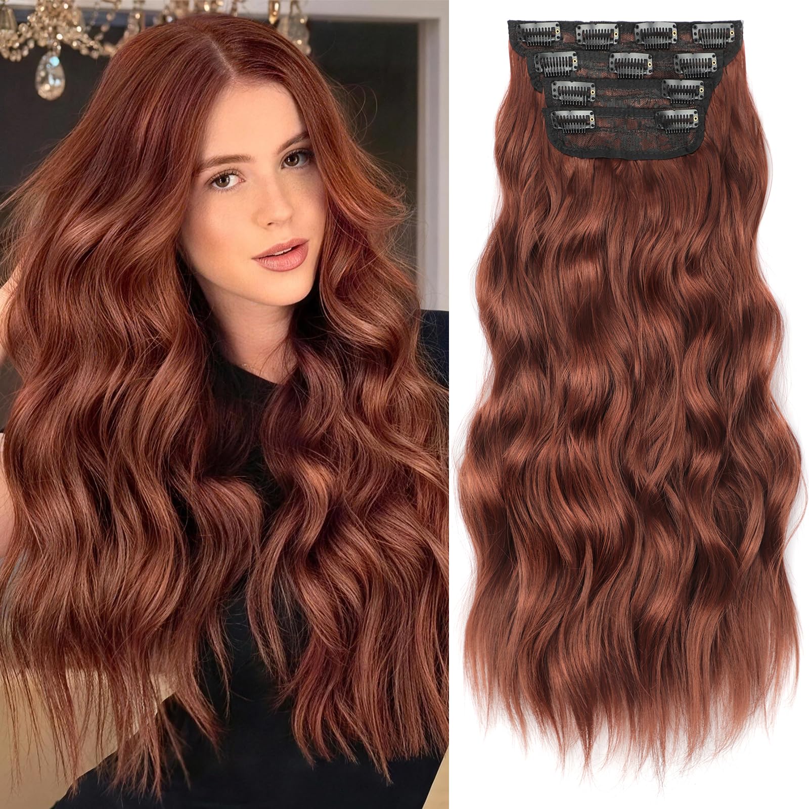 KooKaStyle Clip in Synthetic Hair Extensions Long Wavy 4PCS Thick Hairpieces Balayage Chocolate Brown to Caramel Blonde 10H26 Fiber Double Weft Natural Hair Extensions 16 Inch for Women