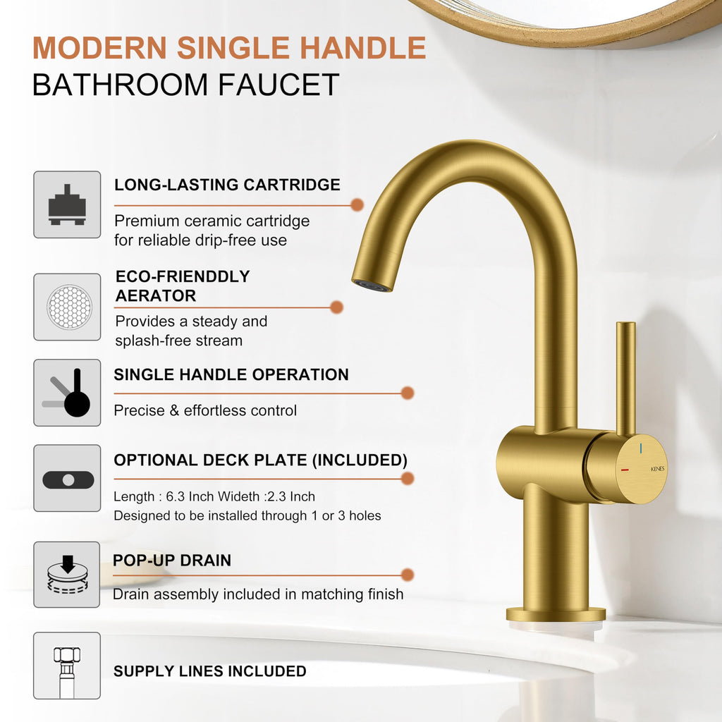KENES Black and Gold Single Handle Bathroom Sink Faucet, Modern Prep Wet Bar Sink Faucet with Drain Assembly & Deck Plate, Vanity Faucets for Farmhouse RV Camper Utility, KE-9005B-BG