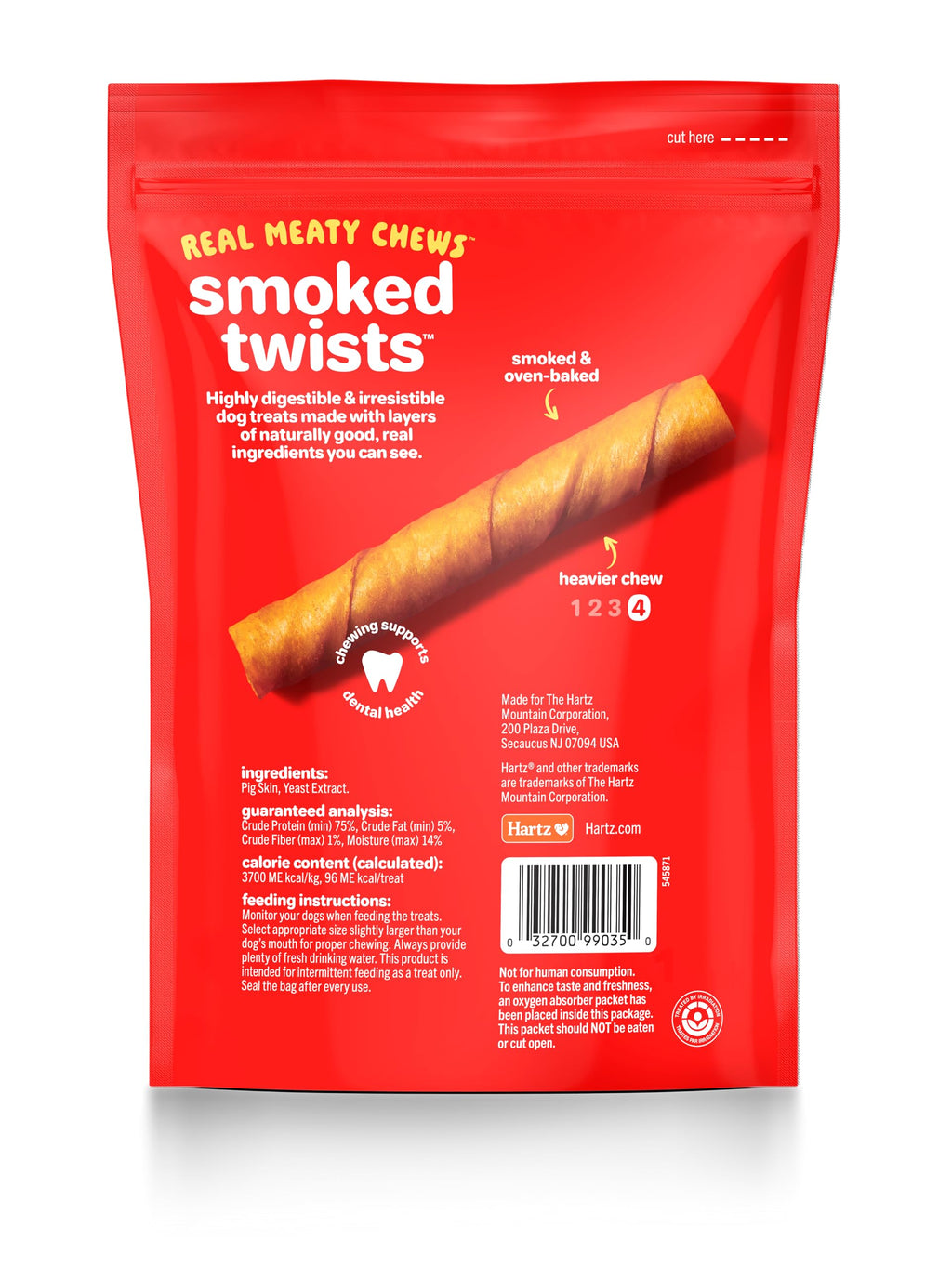 HARTZ Oinkies Natural Smoked Pig Skin Twist Dog Treat Chews - 10 Pack