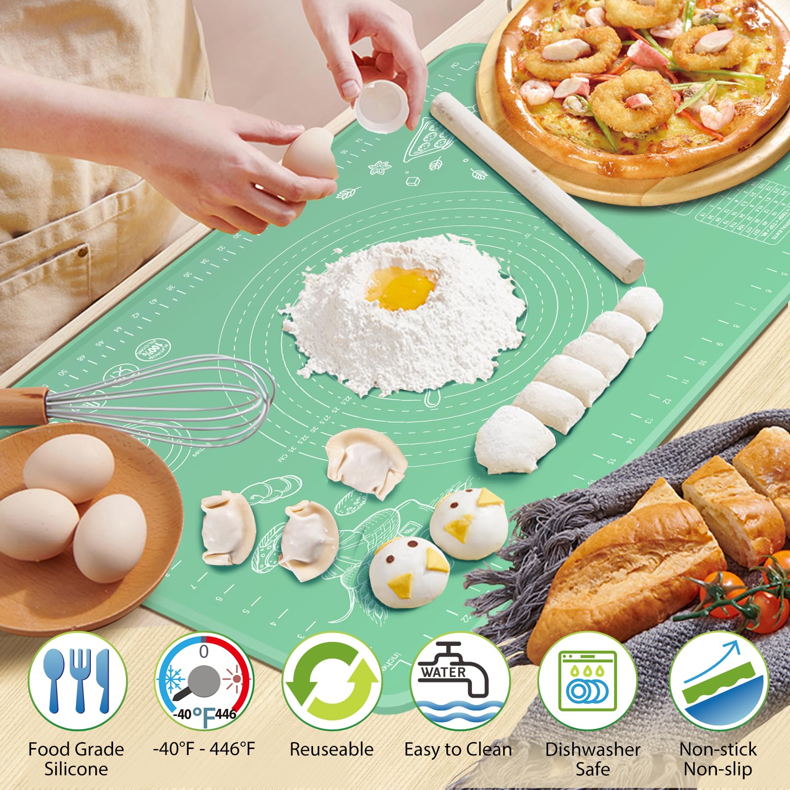 Silicone Baking Mat 24" x 16" Extra Thick Non-stick Pastry Mat with Measurements and Edge Heightening, Food Grade Silicone for Countertop Dough Rolling Making Bread, Cookies, Pizza, Fondant, Pasta