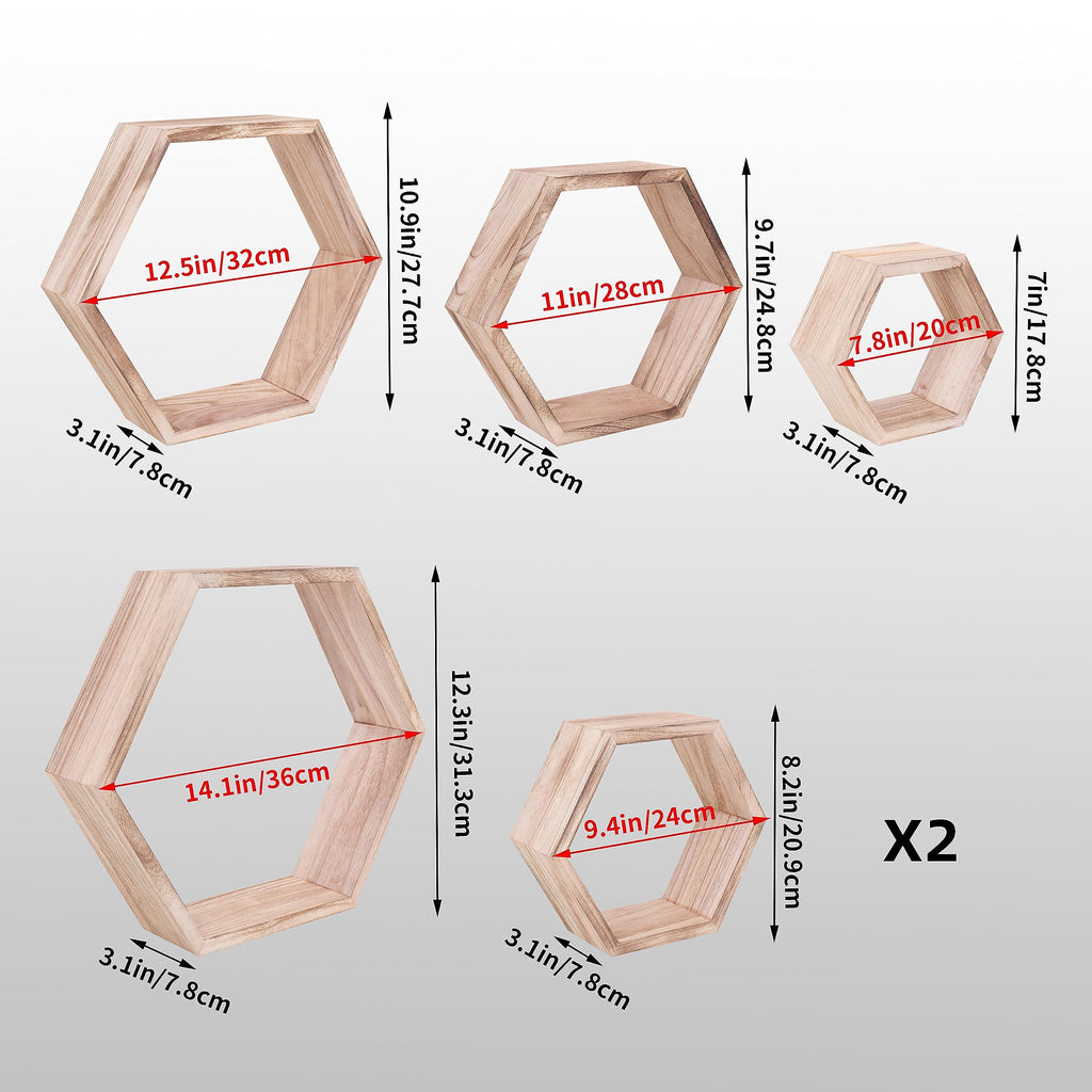 WONFUlity Hexagon Shelves for Wall Mounted, Wood Farmhouse Storage Honeycomb Floating Shelves for Wall Decor,Screws Anchors Included,5pc