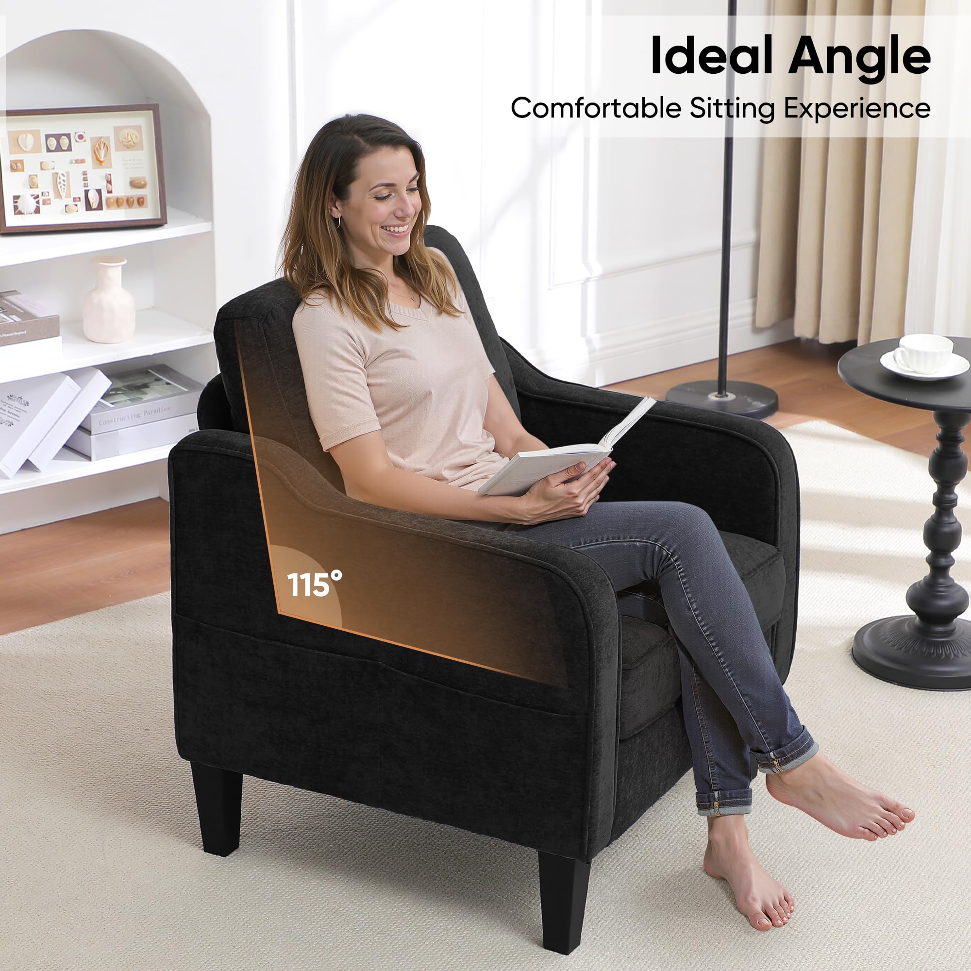 Accent Chair for Living Room, Mid Century Modern Reading Chair for Bedroom, Upholstered Armchair with Side Pockets, Comfy Single Sofa Side Chair for Office, Apartment, Small Room, Beige