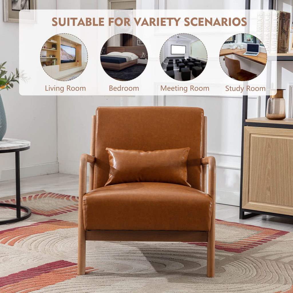 ANJ Mid Century Modern Accent Chair, Comfy Fabric Living Room Chairs with Solid Wood Frame, Lounge Reading Armchair, Easy Assembly, Beige