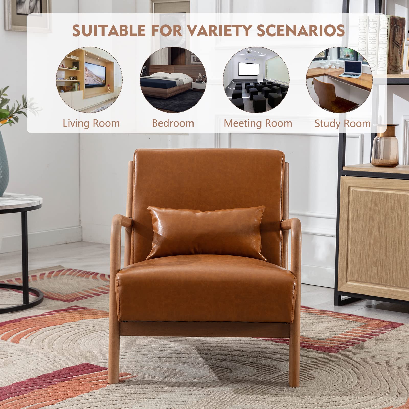 ANJ Mid Century Modern Accent Chair, Comfy Fabric Living Room Chairs with Solid Wood Frame, Lounge Reading Armchair, Easy Assembly, Beige