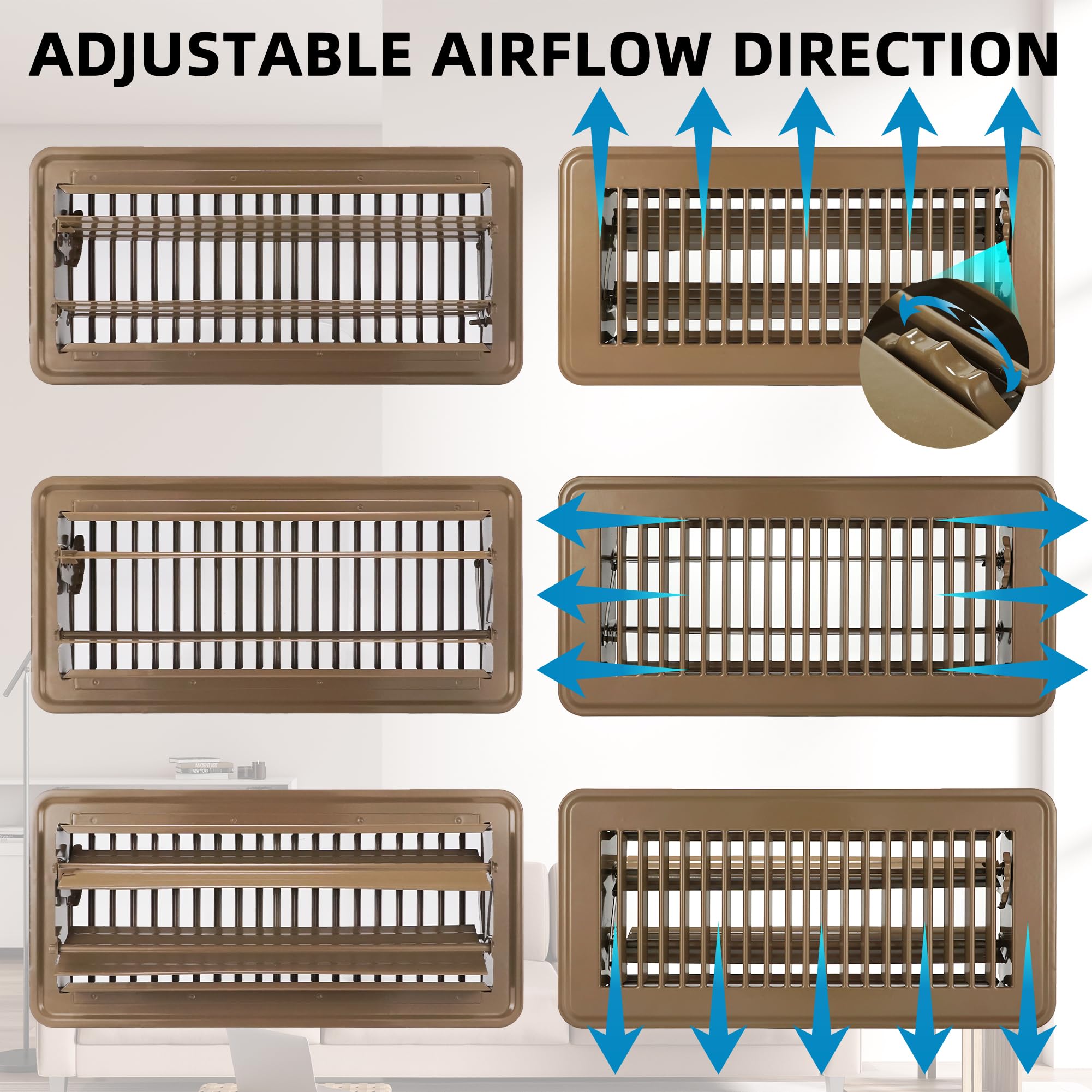 Floor Register 2x12 Inch Brown, Floor Vent Covers for Home Floor, Sidewall, Design with Adjustable Air Supply Lever Air Vent Deflectors, 2 Pack
