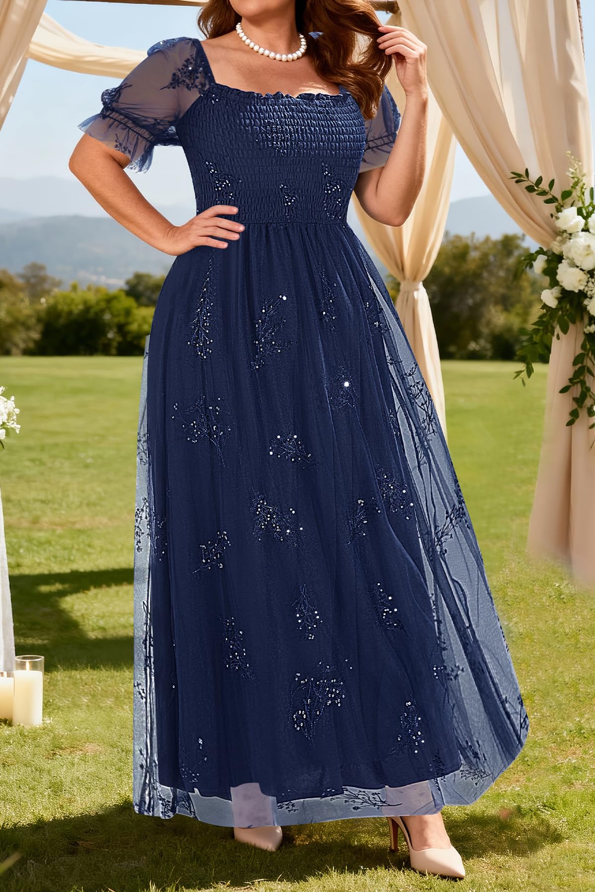 Plus Size Formal Dresses - Bridesmaid Leaf Embroidery with Sequin Tulle Prom Long Dress