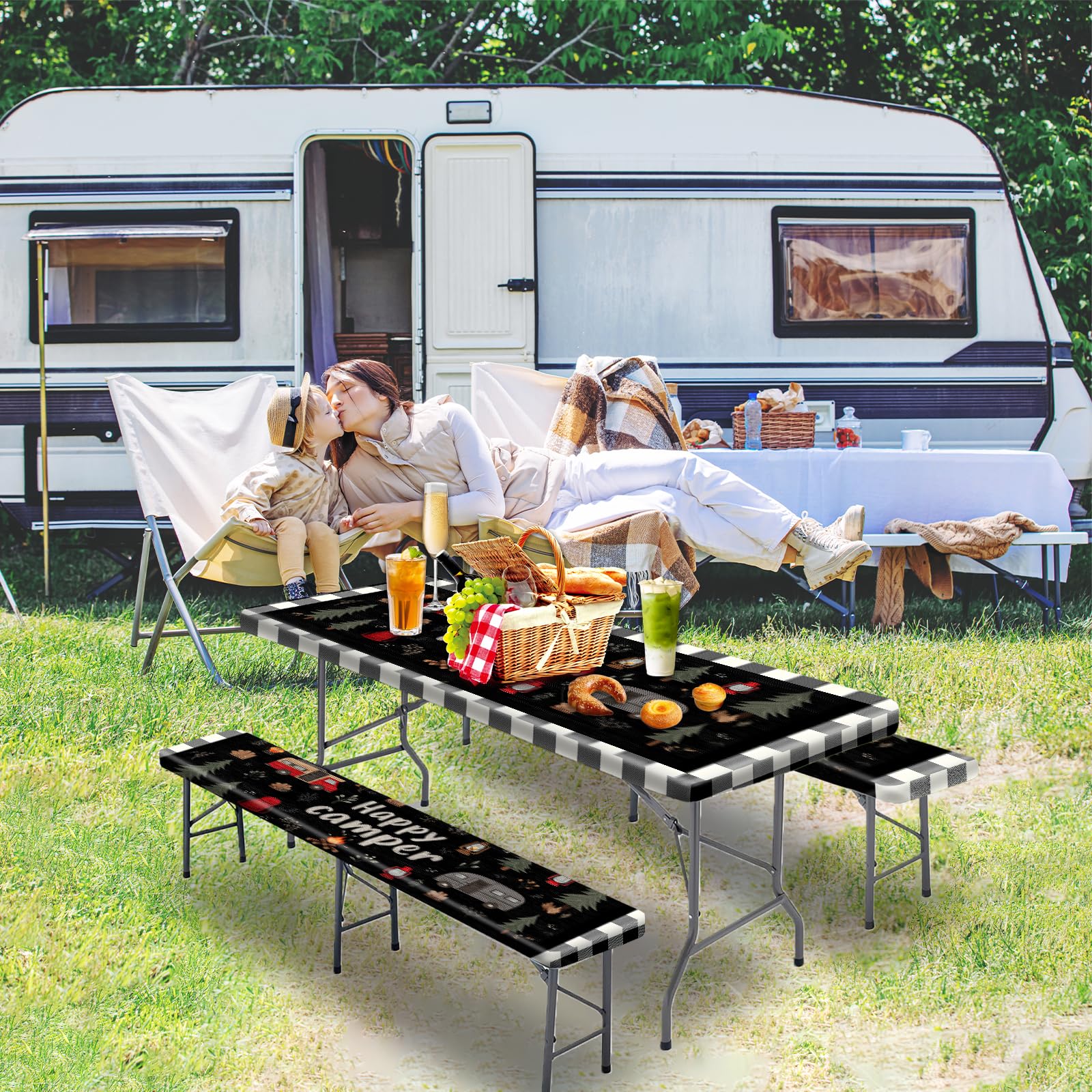 Park Picnic Table Cover with Bench Covers Lightweight Camping Essentials, Oil-Proof Waterproof 3PCS Tablecloth with Elastic, Fitted for Table 6FT Rectangle and Seats, American Flag Eagle (72x30in)