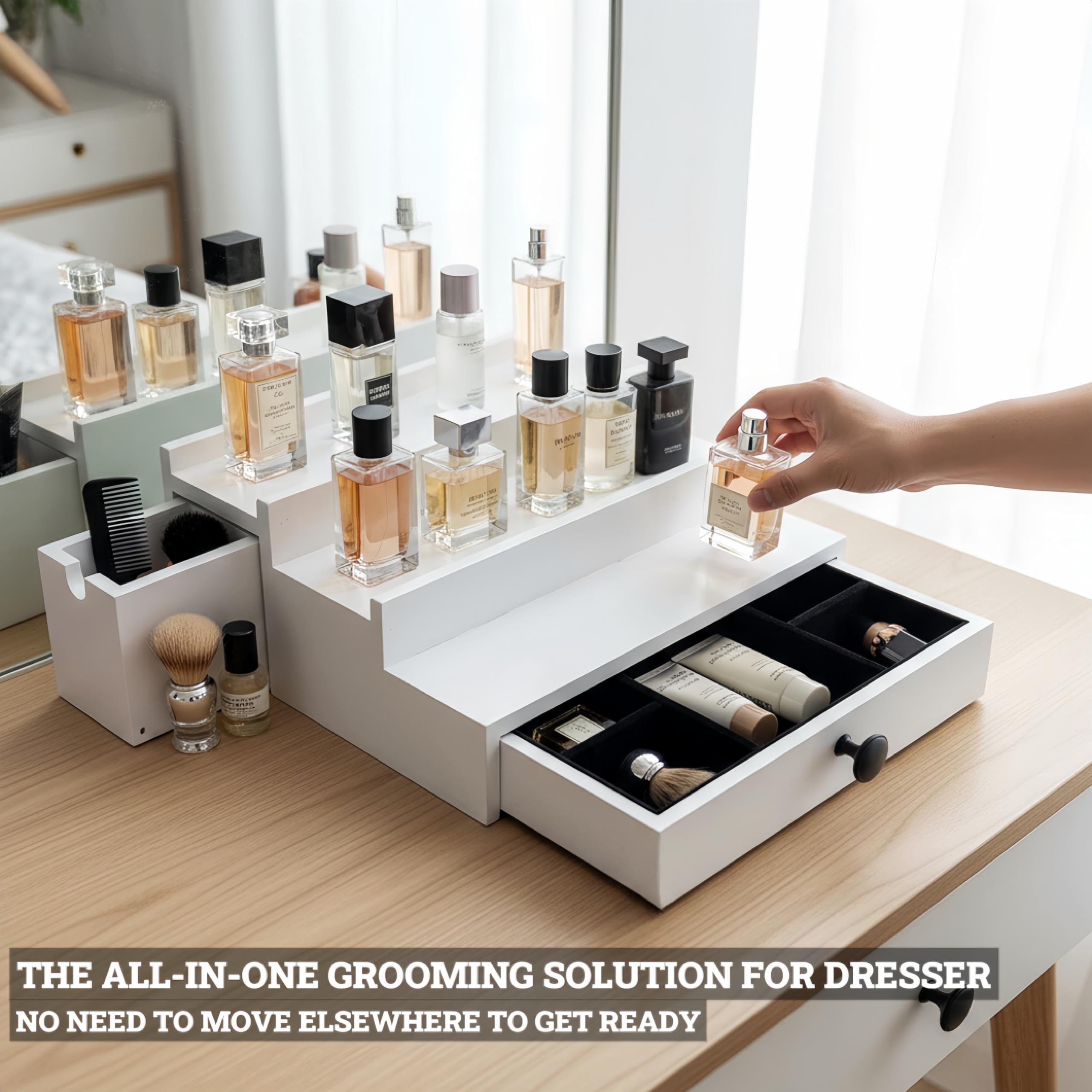 Wooden Cologne Organizer for Men 3 Tier | Black Perfume Holder Shelf for Dresser | High Grade Velvet Lining and Stylish Gift Box | Uncluttered Design Perfume Display Stand