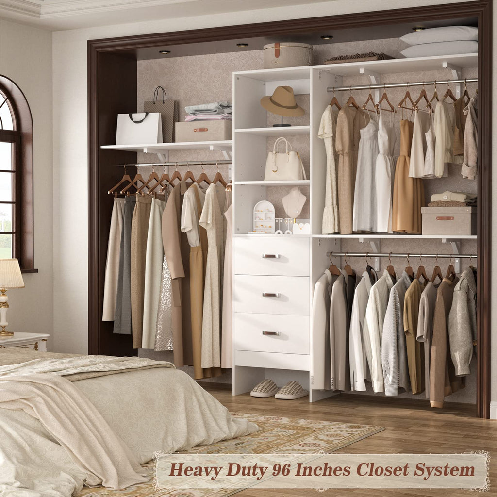iSunirm 8FT Closet System, 96'' Closet Organizer System with 3 Hanging Rods, Wall Mount Bedroom Wardrobe with 3 Drawers Walk-in Closet, Adjustable Cloth Garment Rack from 5 to 8FT (Cut to Fit), Black