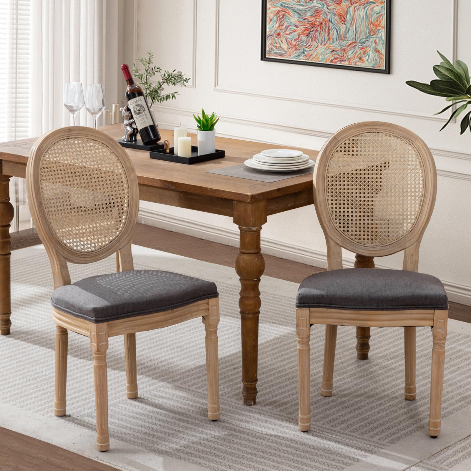 SoarFlash Linen French Dining Chairs Set of 2, Vantage Dining Chair with Round Back, Wood Leg Farmhouse Country Dining Chair for Living Room,Kitchen,Bedroom,Beige