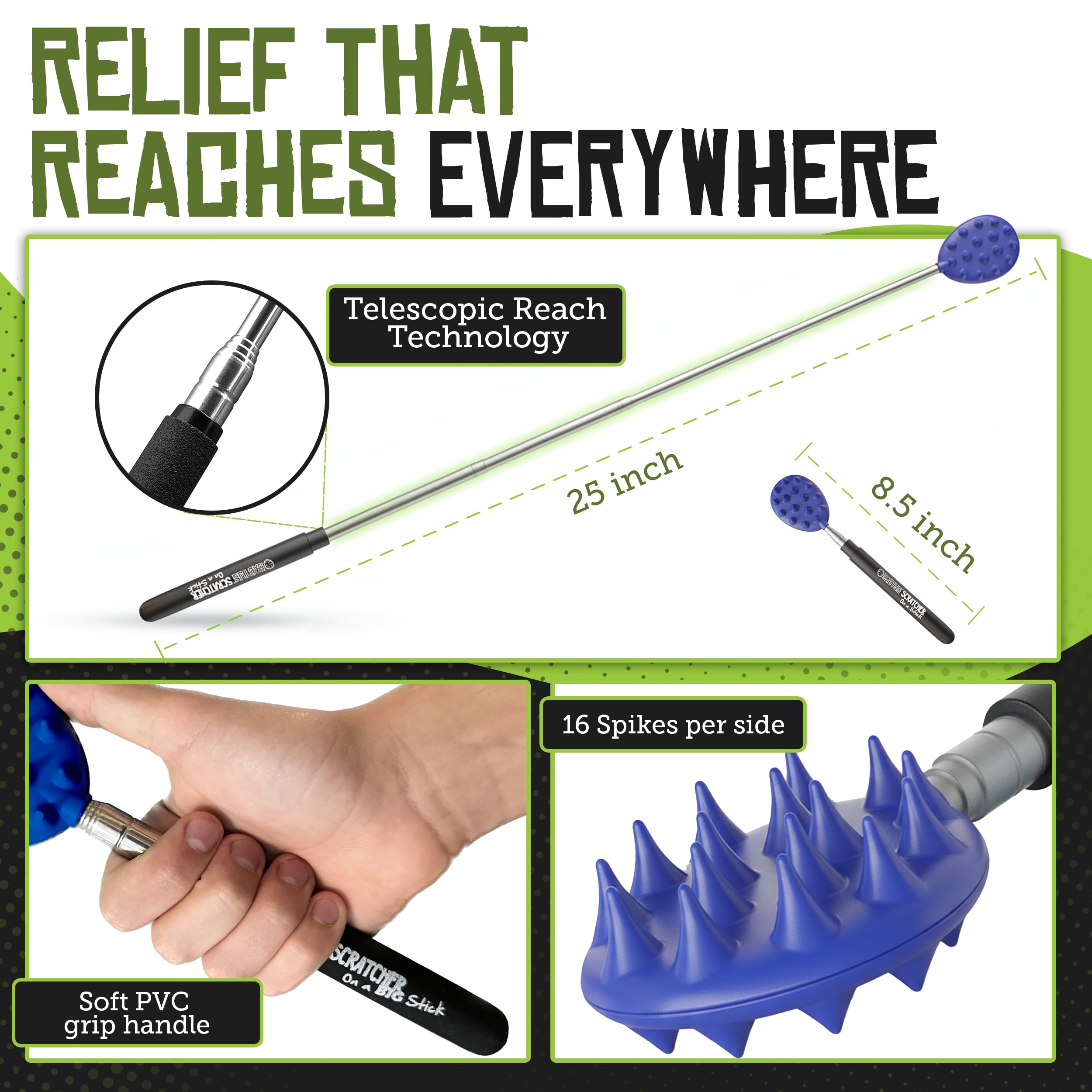 Cactus Scratcher Extendable Big Stick Back Scratcher - Extends 29" Long Double Sided Retractable Scratching Tool for Hand, Neck, Head, and Body - Universal Gift for Family, Pets, and Friends, Glow