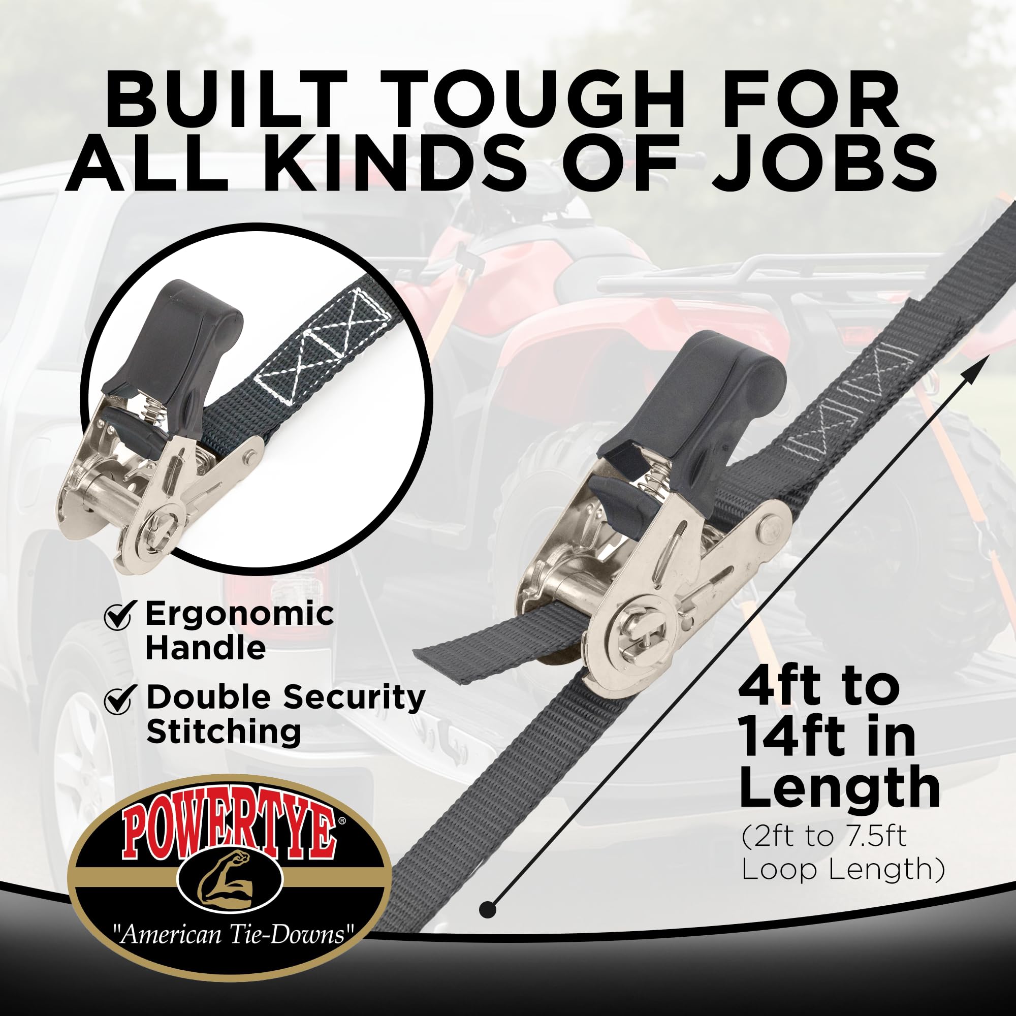 PowerTye 1in x 4ft Easy-Grip Light-Duty Endless Ratchet (no Hooks) - 400 lb. Working Load Limit / 1,200 lb. Breaking Strength - Black 2-Pack