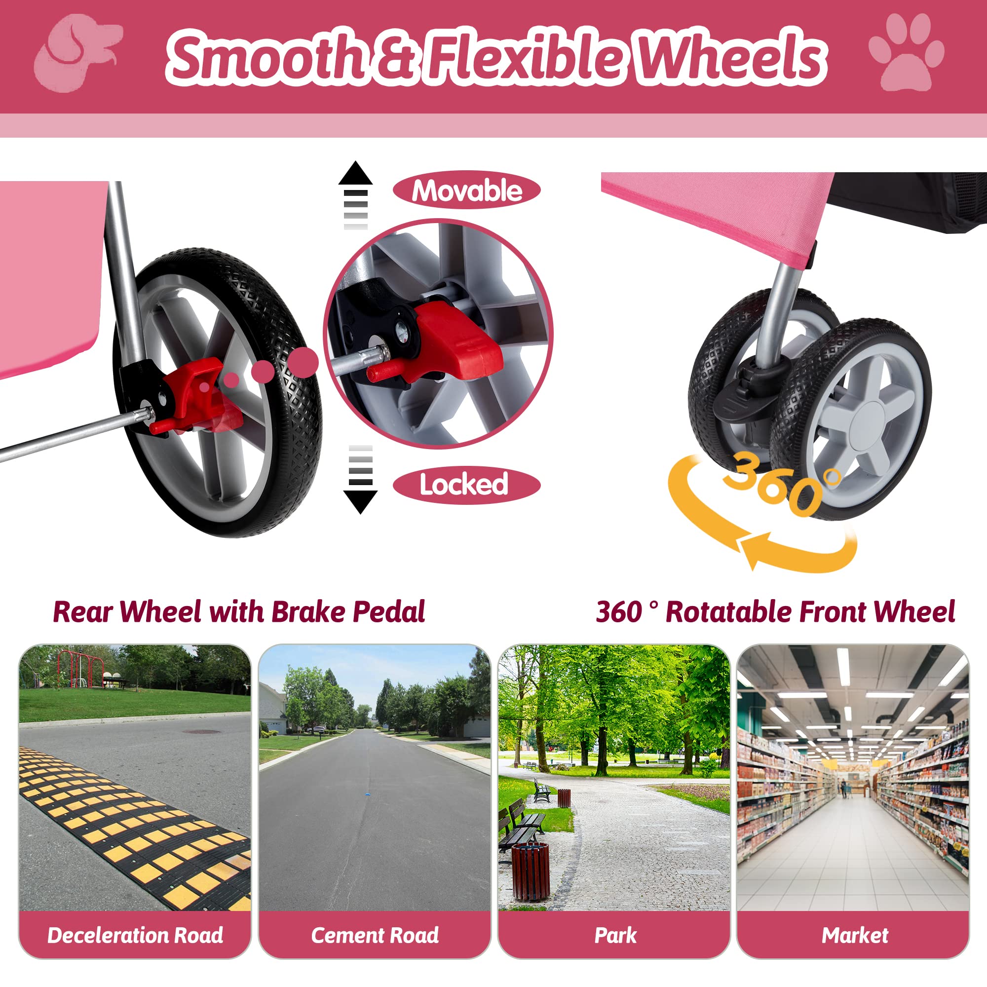Pet Stroller, 4 Wheels Pet Strolling Cart for Medium/Small Dogs and Cats, Foldable Cat Jogger/Dog Stroller with Cup Holder, Storage Basket, Breathable Mesh, All-Season Pet Carrier, Black