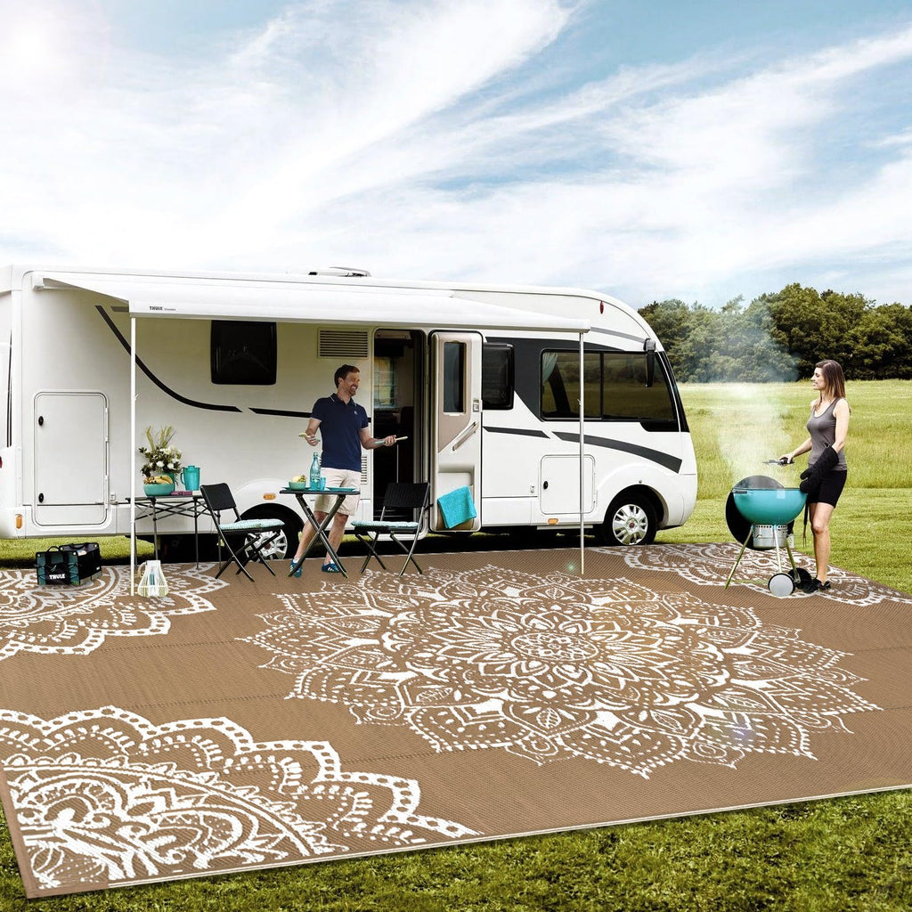 Yamaziot Waterproof Outdoor Rug 5x8 ft, Reversible Plastic Straw Rug for Patio Clearance, Camping, RV Mat, Outside Rug Carpet for Porch, Deck, Backyard, Balcony, Picnic,Black Brown