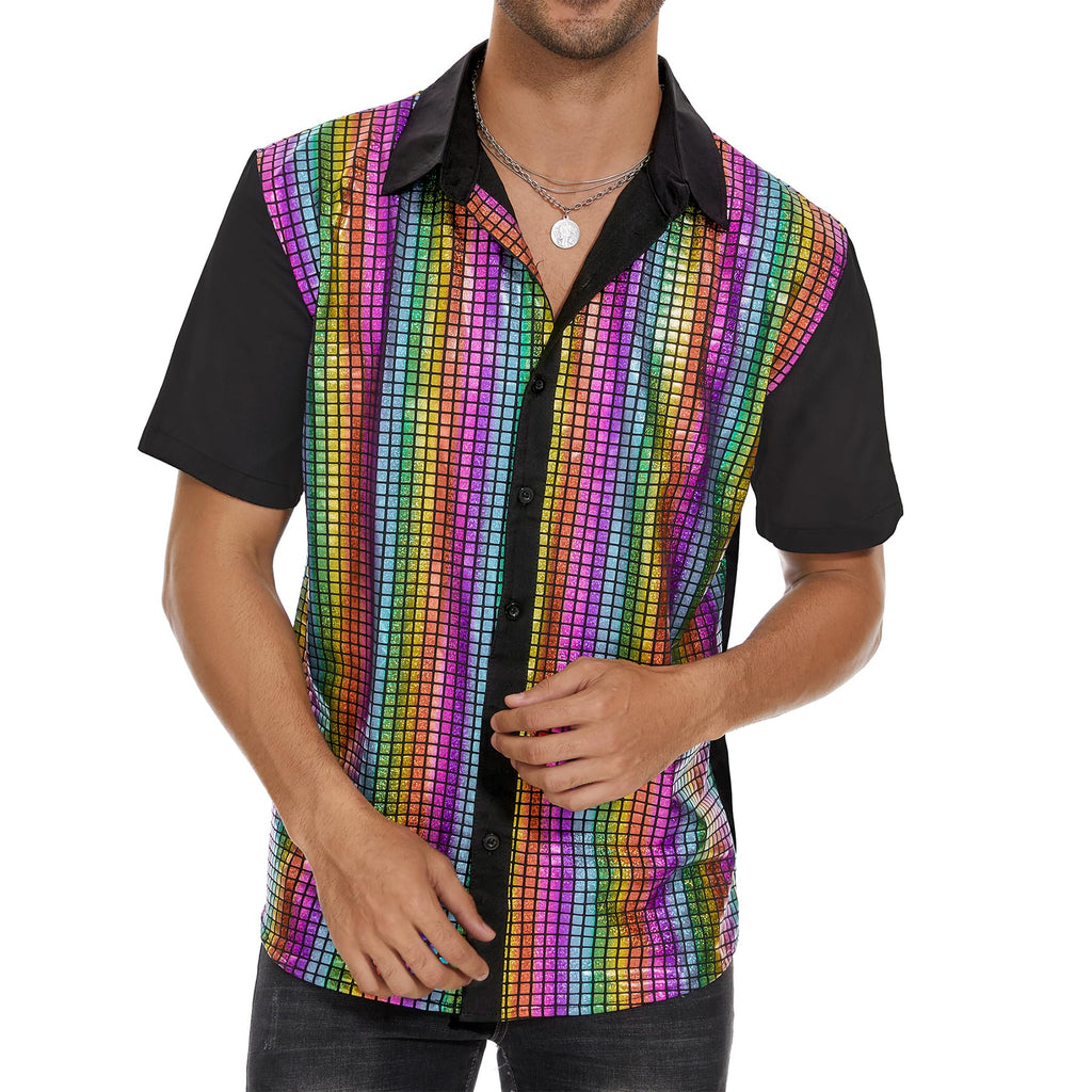 Zando Men's Sequin 70s 80s Disco Shirt - Retro Short Sleeve Button Up Costume Halloween New Year Party Outfit Top & Clubwear