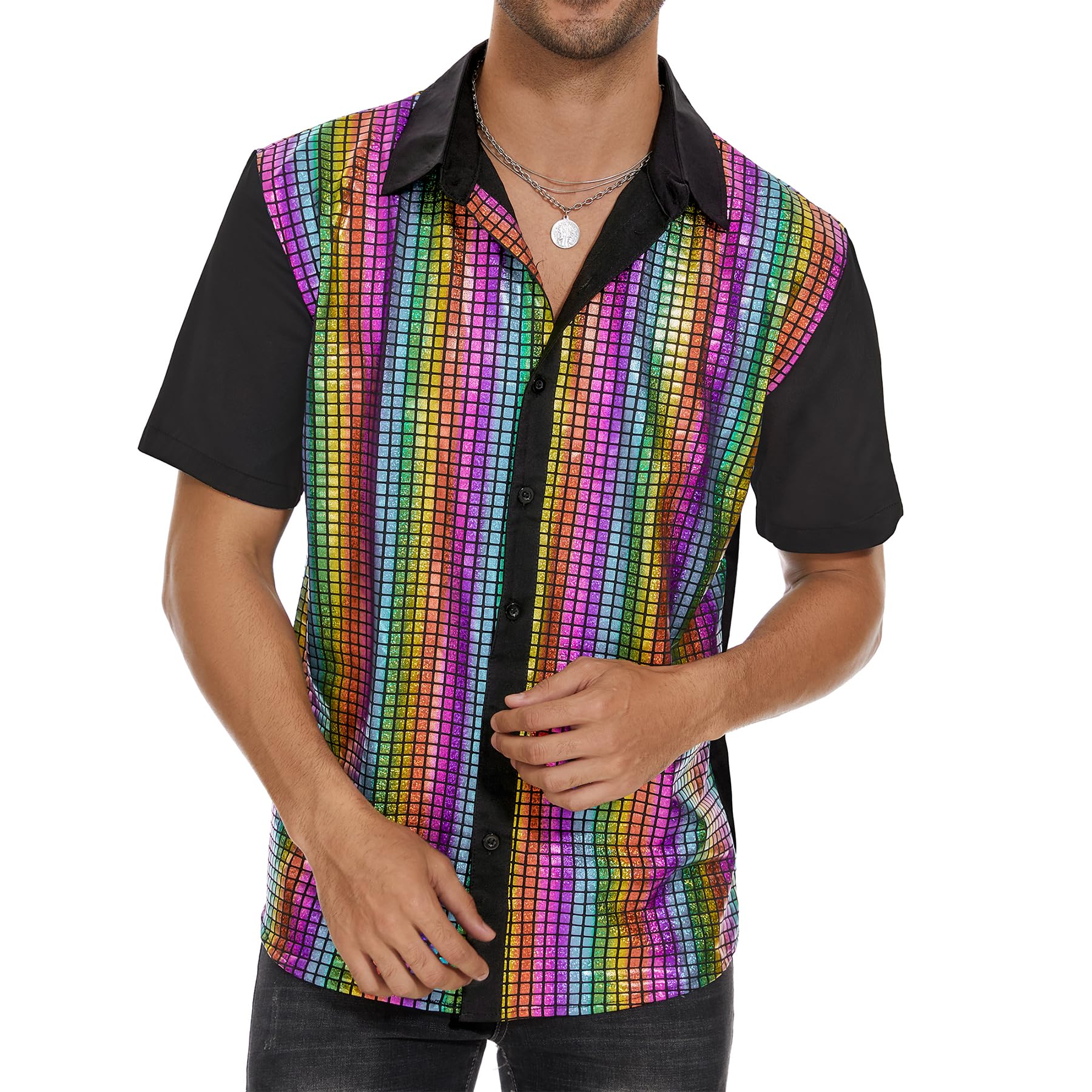 Zando Men's Sequin 70s 80s Disco Shirt - Retro Short Sleeve Button Up Costume Halloween New Year Party Outfit Top & Clubwear