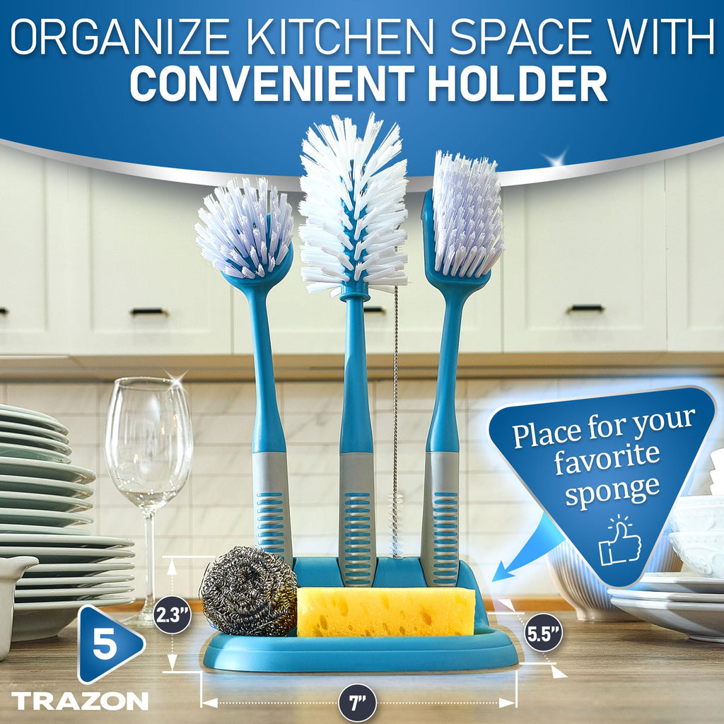 Dish Brush Set of 5 with Holder - Kitchen Scrub Brushes with Non-Slip Long Handle for Cleaning, Scrubber, Dishwashing, Dishes, Bottles, Straws, Cups, Pots & Sink, Baige