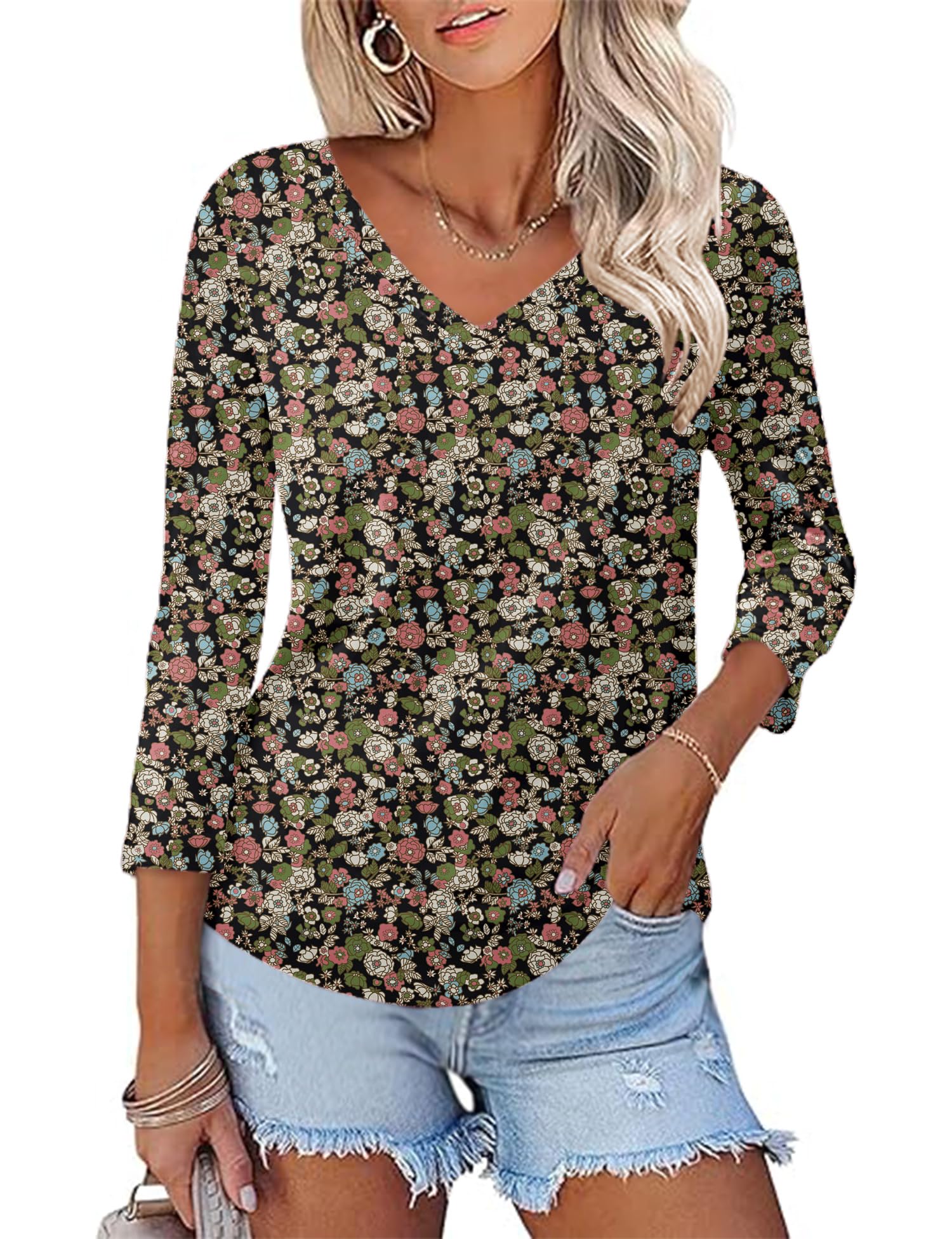 KTILG Women's V Neck T Shirts 3/4 Sleeve Blouse Summer Tops Dressy Casual Solid Basic Tees