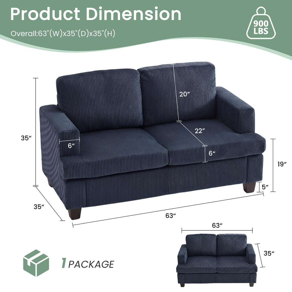 YOUDENOVA 2 Piece Set Comfy Sofa Couch, Loveseat Sofa * 2 with Deep Seats, Modern Sleeper Couch for Living Room, Black Corduroy