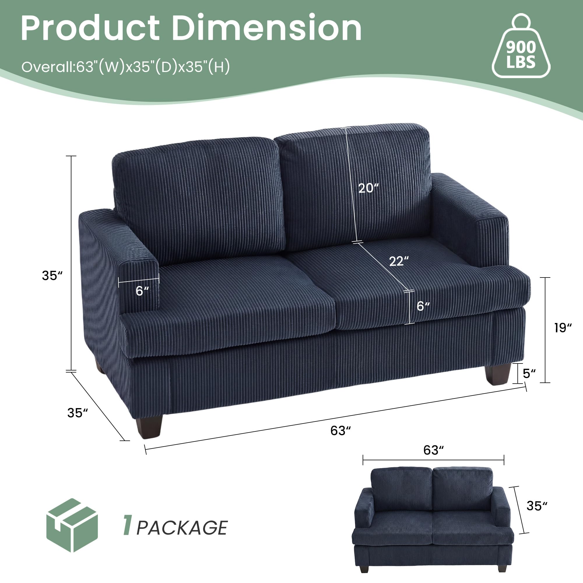 YOUDENOVA 2 Piece Set Comfy Sofa Couch, Loveseat Sofa * 2 with Deep Seats, Modern Sleeper Couch for Living Room, Black Corduroy