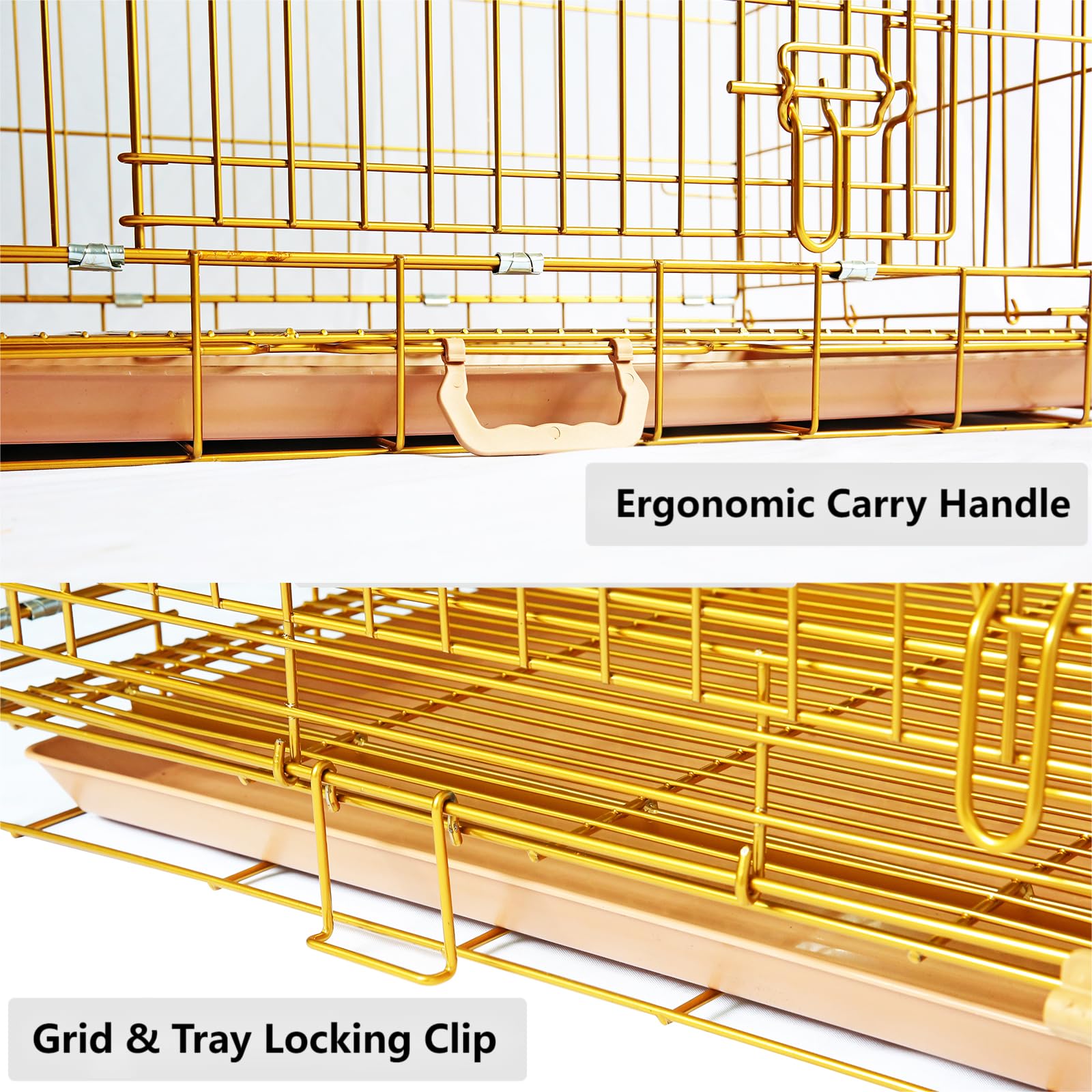 HOMEY PET 24" Gold Color Folding Design Dog Crate Puppy Ertra Small Breed Dog Kennels with Removable Floor Grid and Pull Out Tray, Dog Cage Copper Gold Finish
