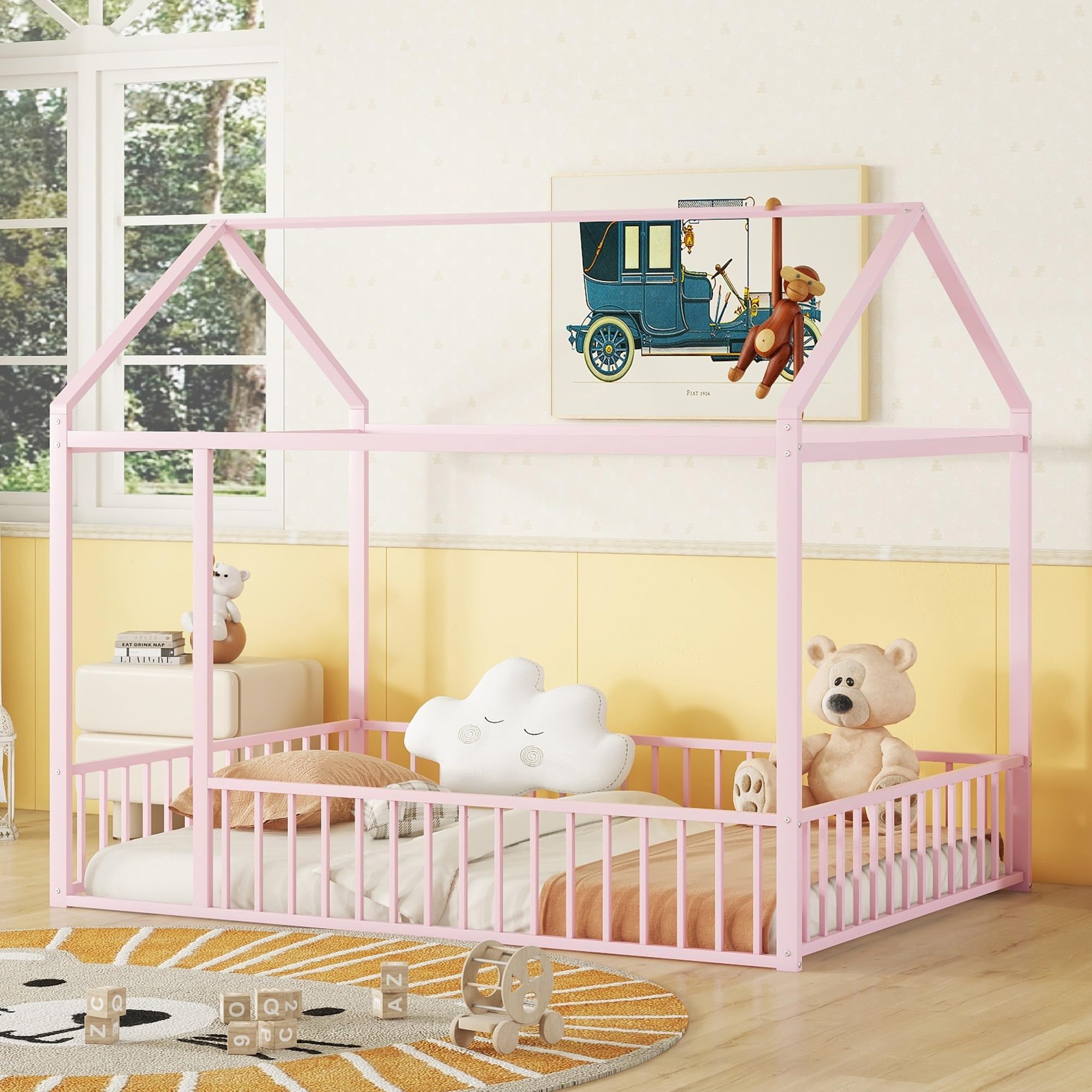 Bellemave Twin Size Montessori Floor Bed, Metal House Bed Framefor Kids, Montessori Floor Beds with Fence, Playhouse for Kids,Black