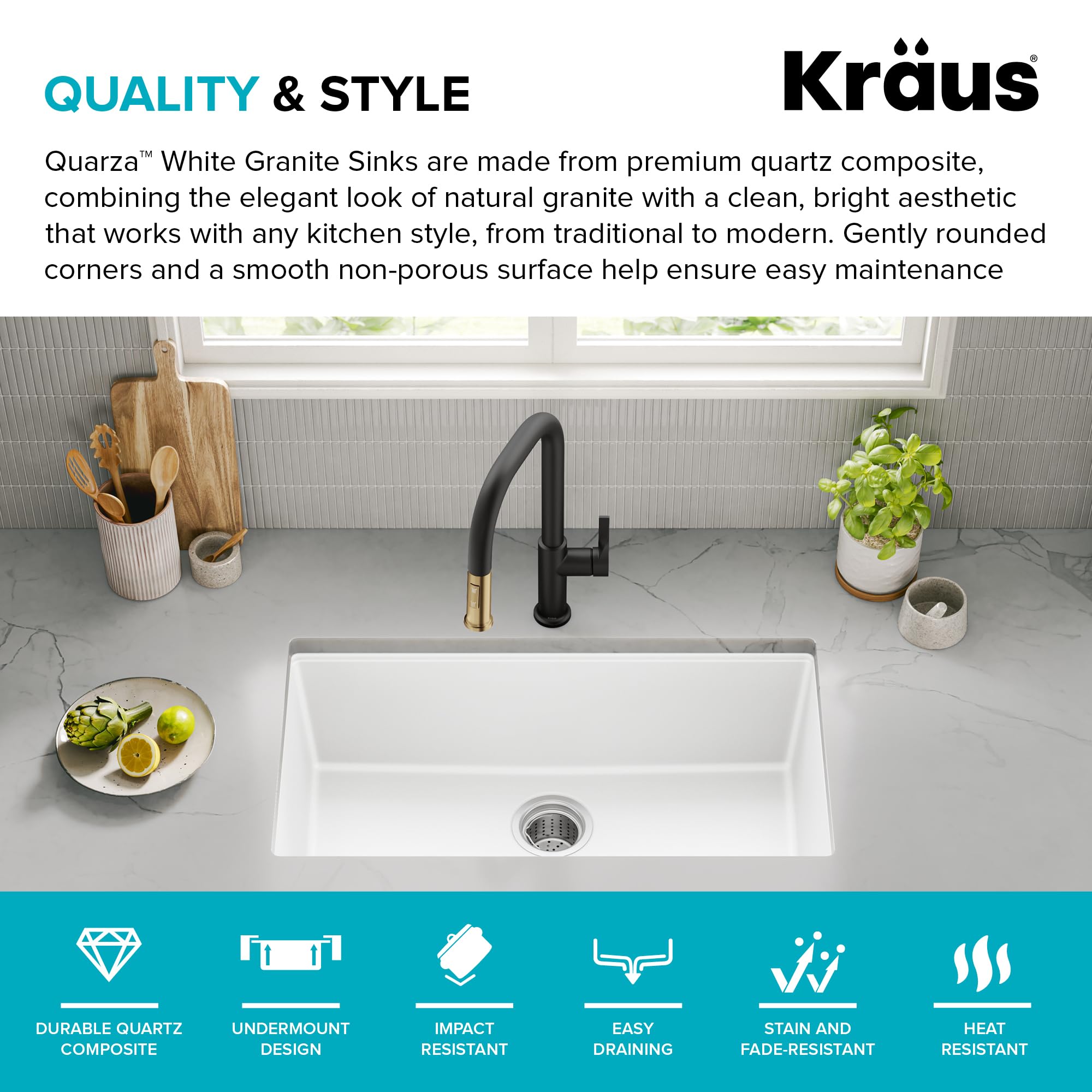 KRAUS Quarza 31-inch Undermount Single Bowl Granite Kitchen Sink in Black Onyx, KGU-413B