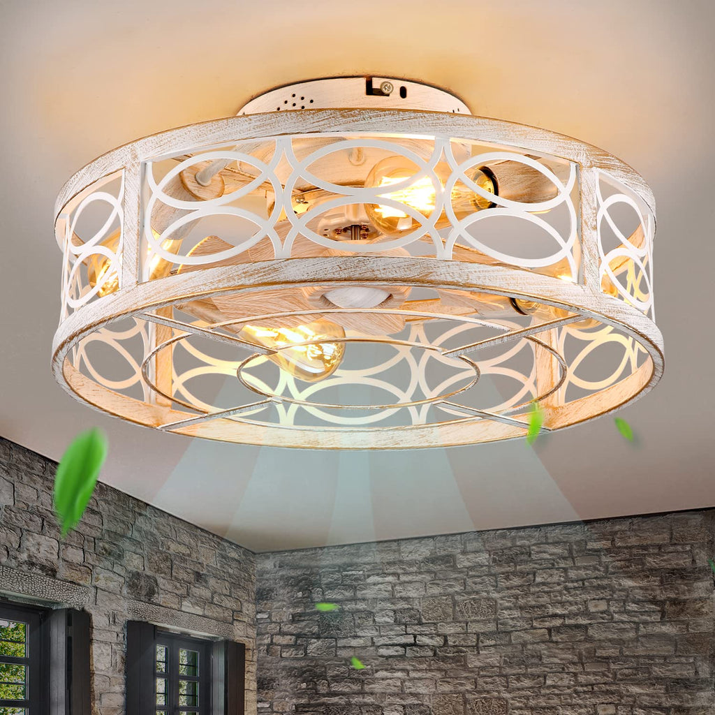 20" Boho Rattan Caged Ceiling Fan with Light,Low Profile Flush Mount Bladeless Ceiling Fan with Remote Control, 6 Speeds Reversible Silent Motor, Farmhouse Fabric Fandalier for Bedroom,Living Room