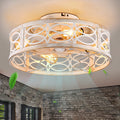 20" Boho Rattan Caged Ceiling Fan with Light,Low Profile Flush Mount Bladeless Ceiling Fan with Remote Control, 6 Speeds Reversible Silent Motor, Farmhouse Fabric Fandalier for Bedroom,Living Room