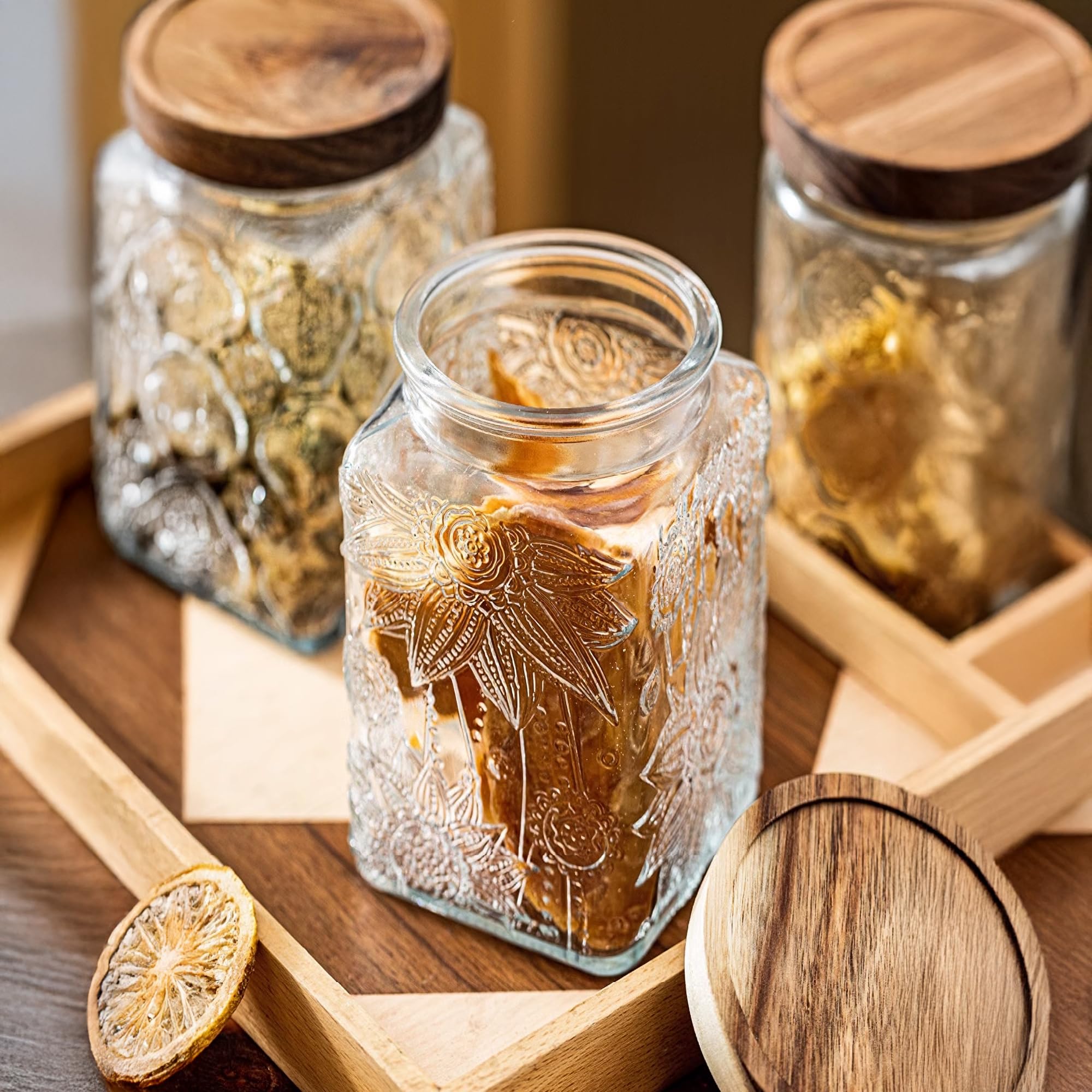 Custde Glass Storage Jars With Airtight Lid, 23.7oz Container For Kitchen Counter with Wooden Lid, brown sugar, candy, coffee, cookie, salt, tea, cute Jar (35oz Large Begonia Flowers)