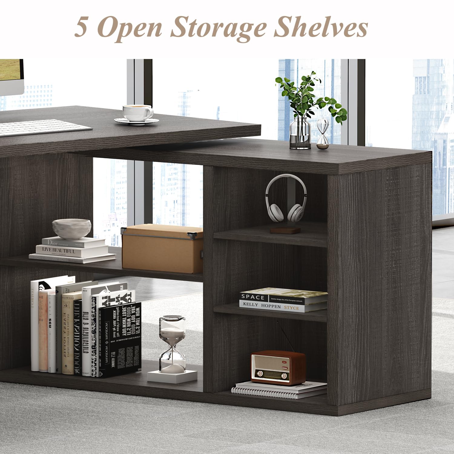 HSH Black L Shaped Computer Desk, Corner Desk with Storage Cabinet Shelves, Reversible Industrial Wood Executive Workstation, L-Shaped Home Office Table for Work Study Writing Gaming, 55 Inch