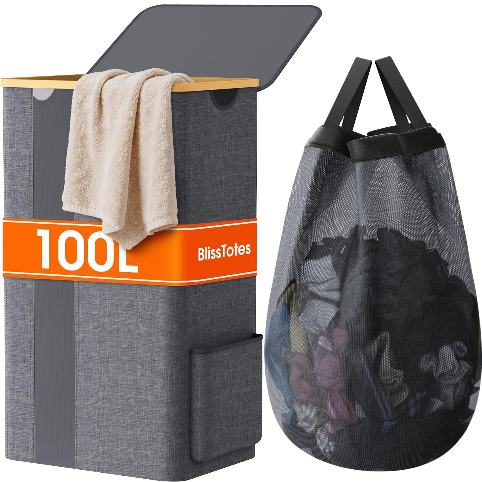 BlissTotes Laundry Basket with Lid, 100L Clothes Laundry Hamper with Handles and Removable Laundry Bag, Breathable Design Hamper with Lid for Bedroom, Bathroom, Dorm, Laundry Room - Beige
