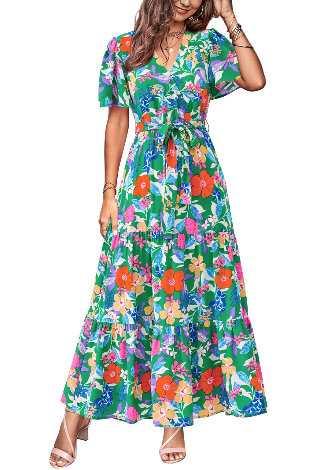 MASCOMODA Womens Summer Swiss Dot Maxi Dresses Wrap V Neck Flutter Short Sleeve Boho Casual Flowy Long Wedding Guest Dress