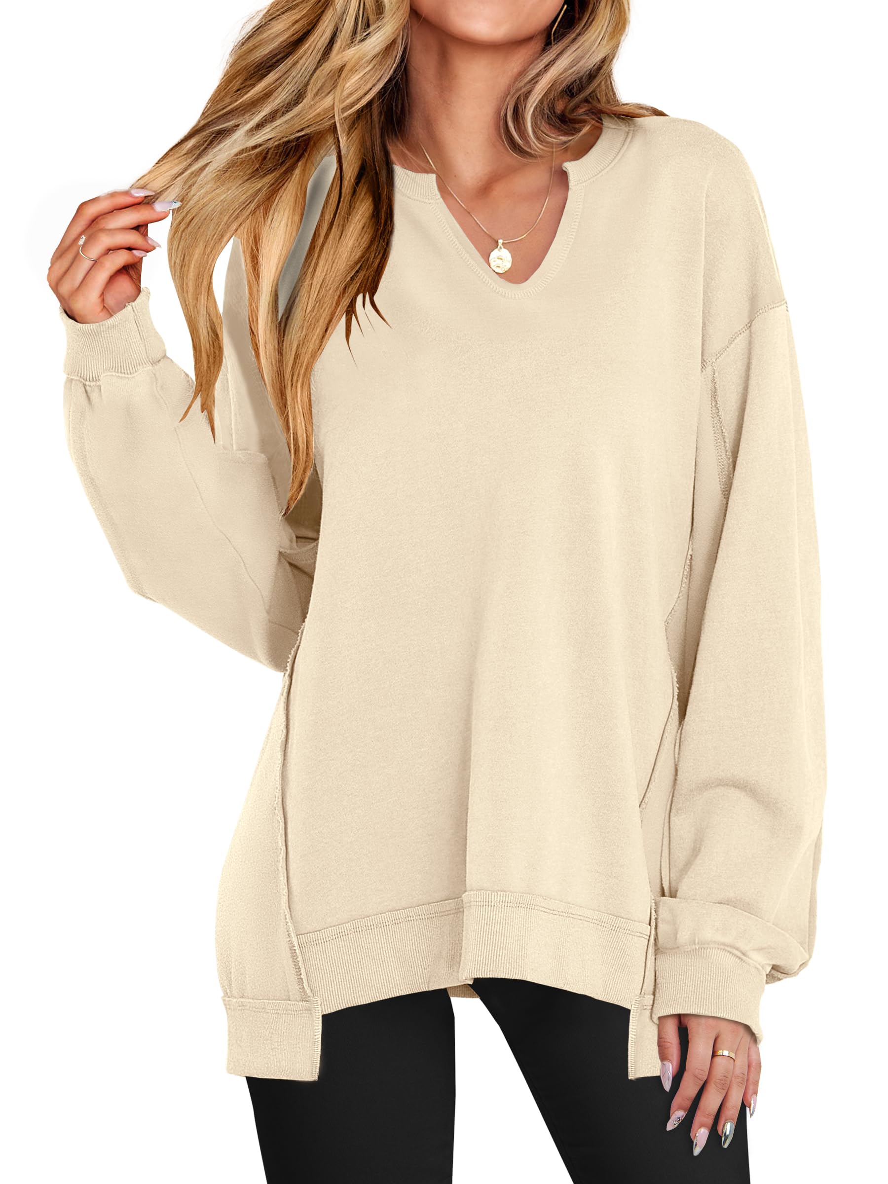 ANRABESS Women's Long Sleeve V-Neck Oversized Sweatshirts | Soft Lightweight Loose Fit Pullover Tops, Casual School Workout Office Tunic Shirts, Teen Girls Outfit, Fall Winter Clothes