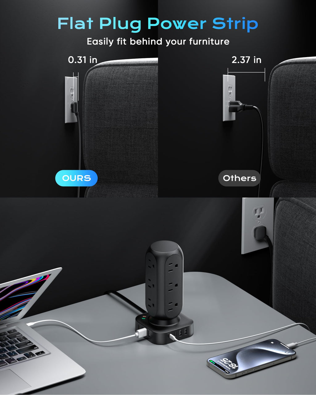 Flat Plug Power Strip Tower, TenTrend Dual PD 20W USB-C Charger Tower with 12 AC Outlets & 8 USB Ports (4 USB C), 40W Total Fast Charging Station, 10FT Extension Cord for Desk Office Dorm Room