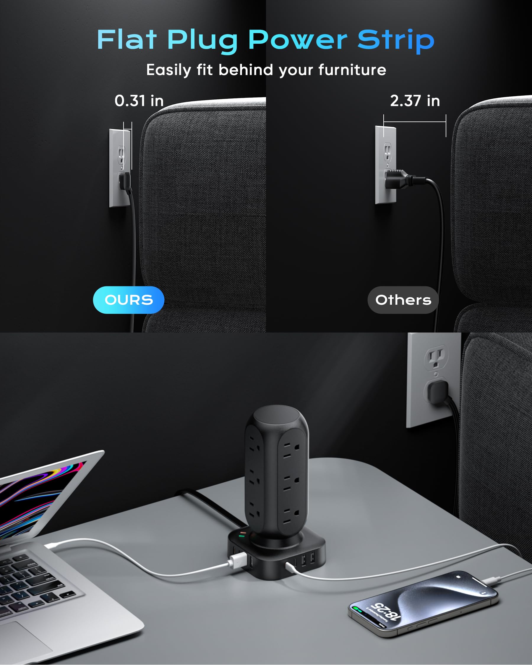 Flat Plug Power Strip Tower, TenTrend Dual PD 20W USB-C Charger Tower with 12 AC Outlets & 8 USB Ports (4 USB C), 40W Total Fast Charging Station, 10FT Extension Cord for Desk Office Dorm Room