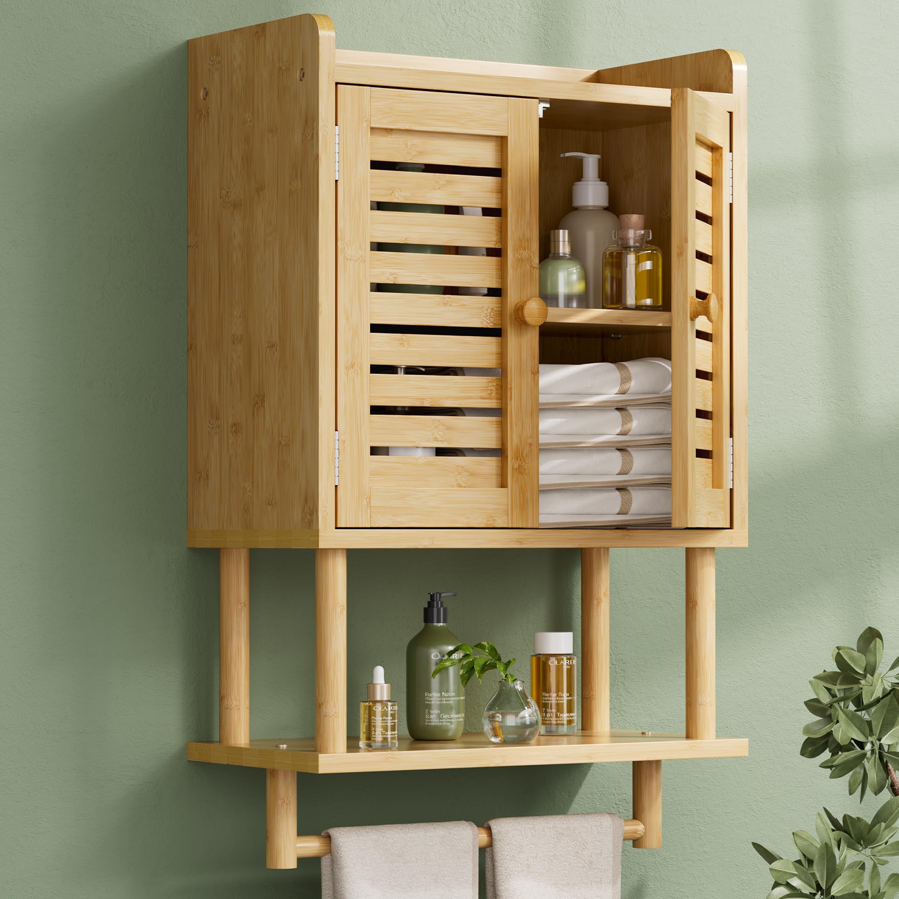 AmazerBath Bathroom Wall Cabinets, Bamboo Medicine Cabinet with Rattan Door, Over The Toilet Storage Cabinet with Towel Bar, Wall Mounted Cabinet with Adjustable Shelves for Small Spaces