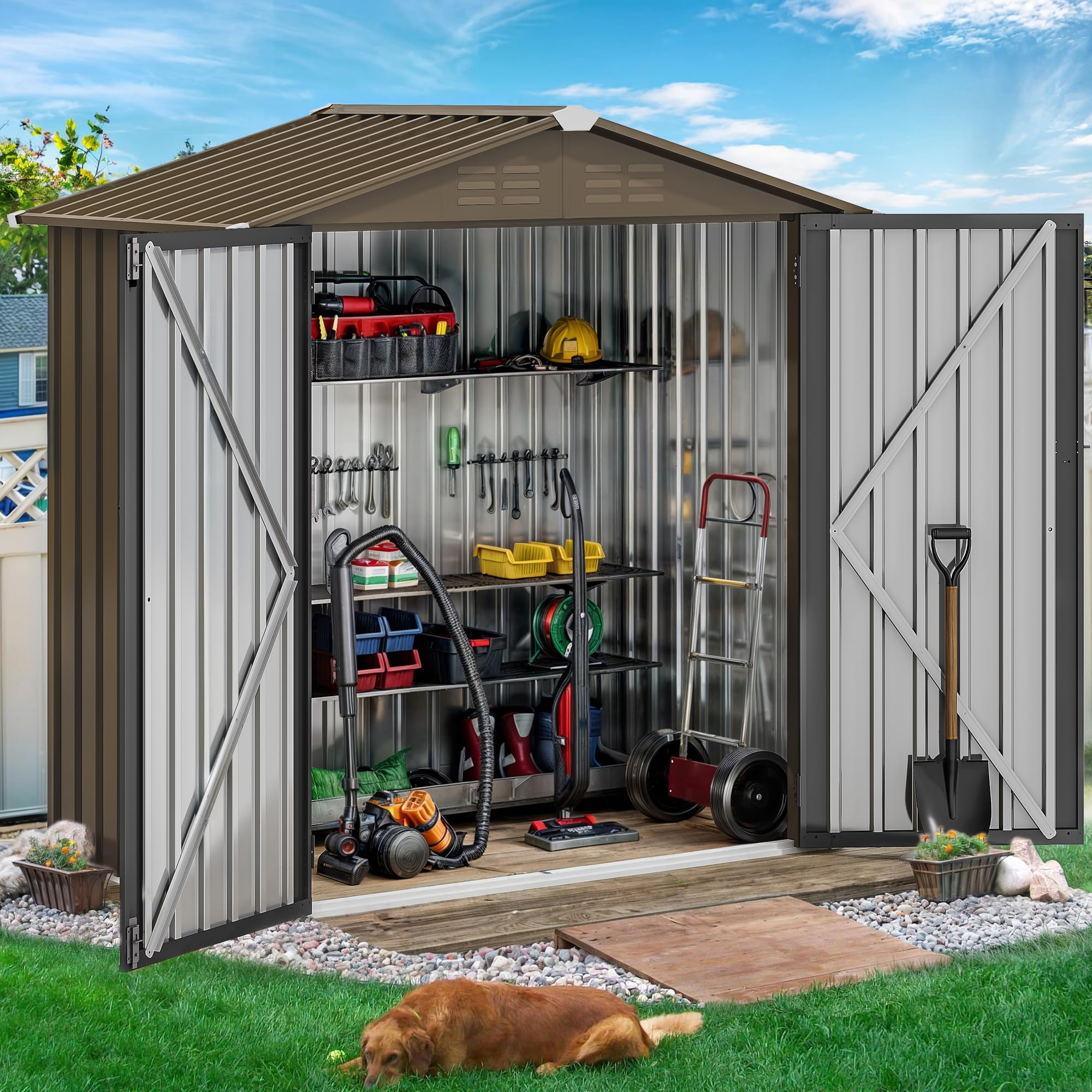 DWVO 6x4ft Outdoor Storage Shed, Lockable Metal Tool Storage Sheds, Waterproof Garden Sheds with Vents for Backyard, Patio, Garage, Lawn, Dark Gray
