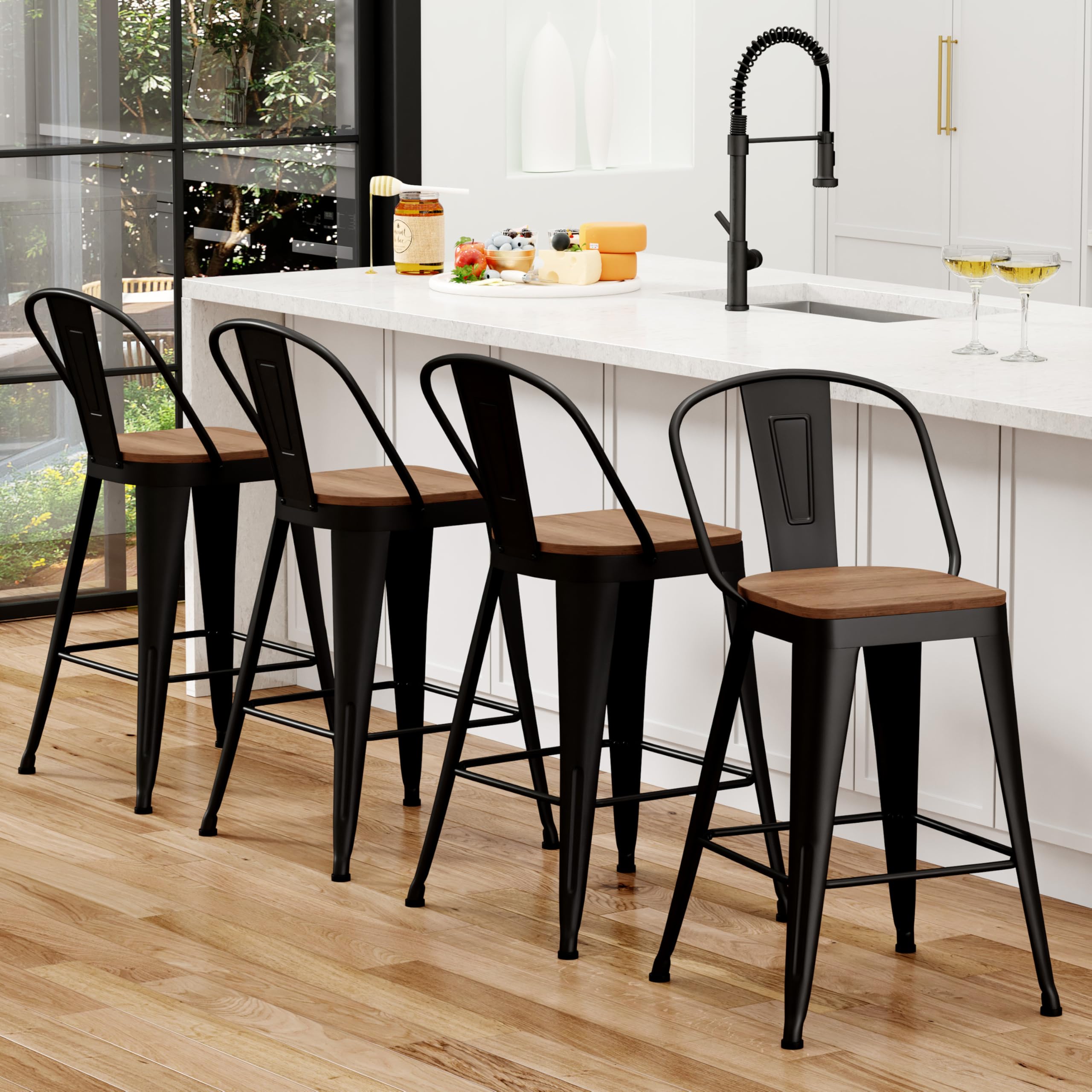 Barstools Set of 4 Counter Height Bar Stools for Kitchen Island Farmhouse Metal High Back Bar Chairs Wooden Seat 24" Matte Black