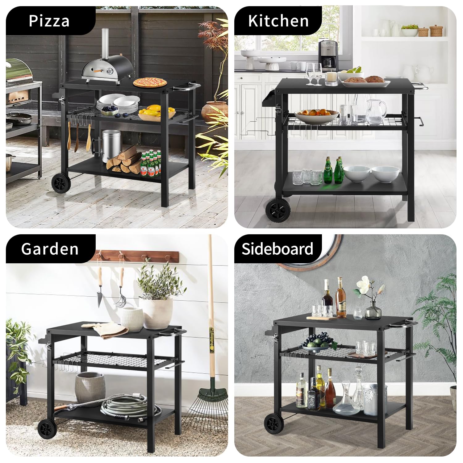 Kendane Grill Cart Table with Big Storage Cabinet, Movable Outdoor Dining Cart Pizza Oven Stand, Kitchen Cart Island Multifunction Food Prep Table Stainless Steel Surface